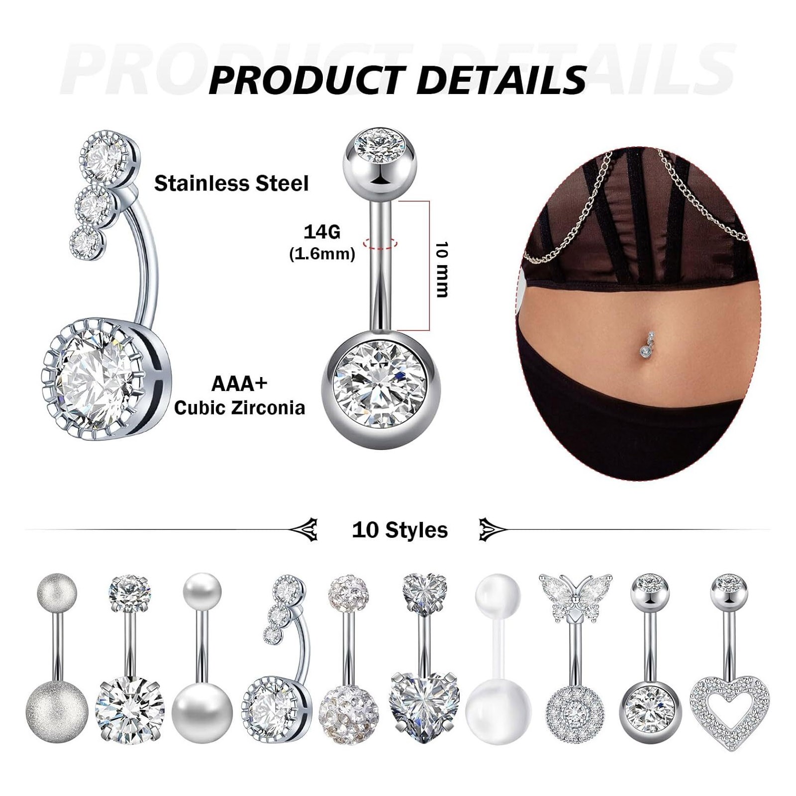 10Pc 14G Stainless Steel Dangle Belly Button Rings for Women CZ Navel Piercing