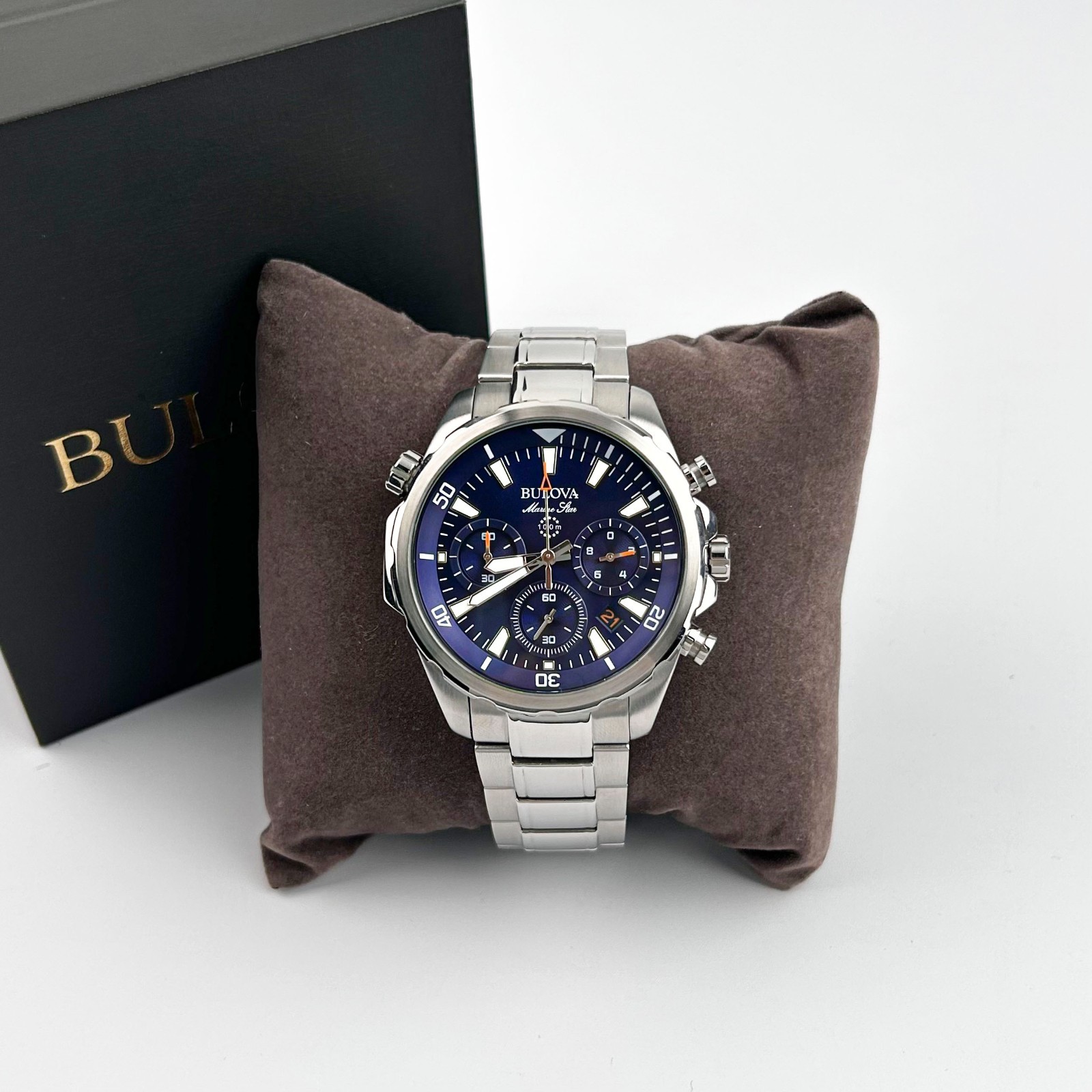 Bulova Men’s Marine Star 96B256 Blue Dial 6-Hand Chronograph Quartz Watch 43mm