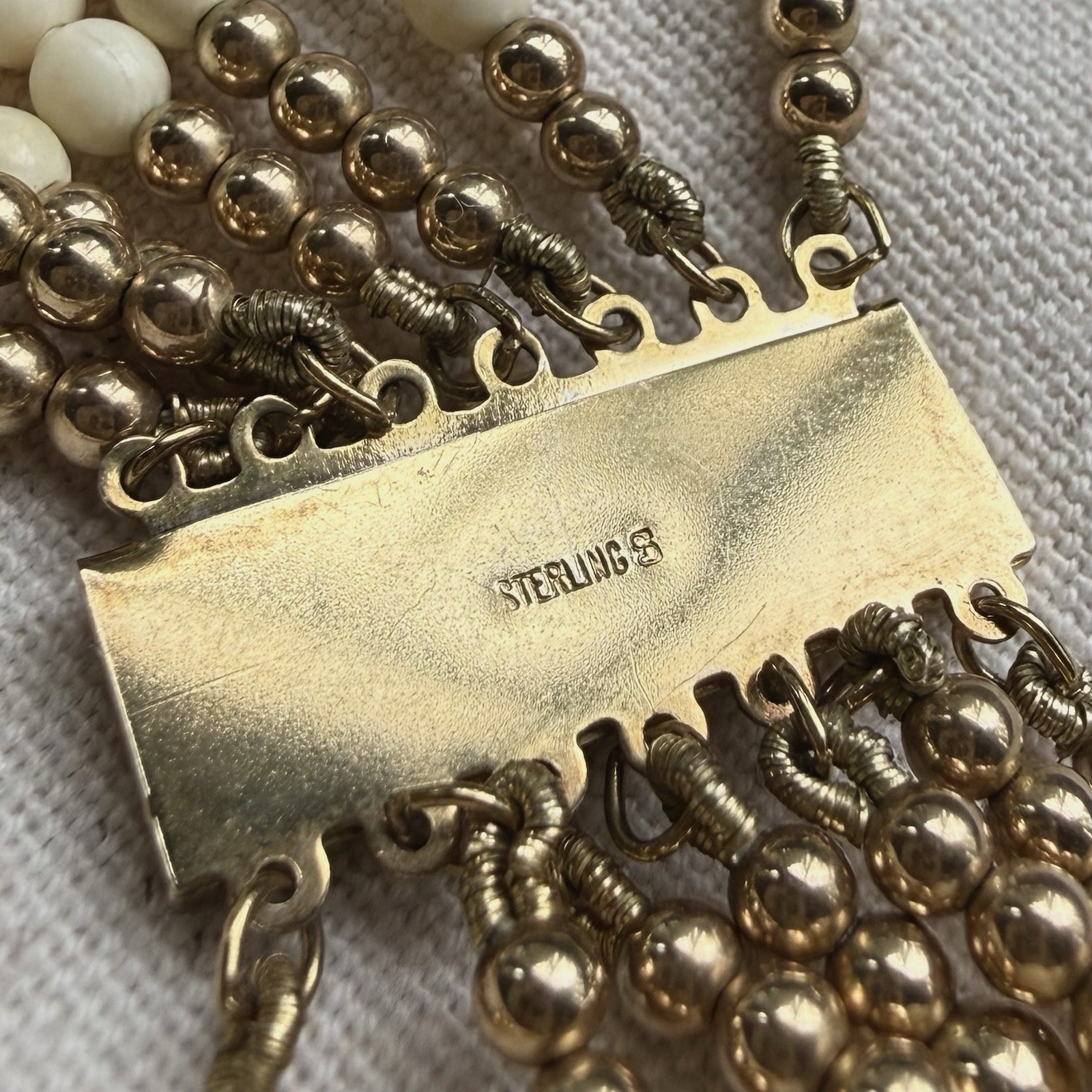 Vintage Gilt Sterling Bone Bead Multi Strand Modernist Necklace
