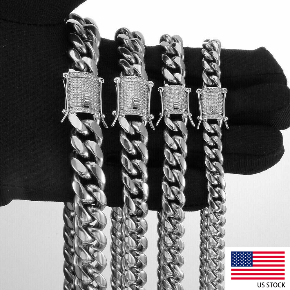 Solid Stainless Steel Necklace Cuban Link Chain For Men Iced out CZ Clasp 8-14MM
