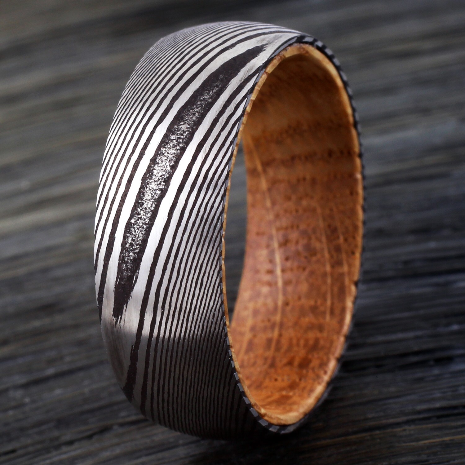 8mm Men’s Black Damascus Steel with Whiskey Barrel Wood Sleeve Wedding Band Ring