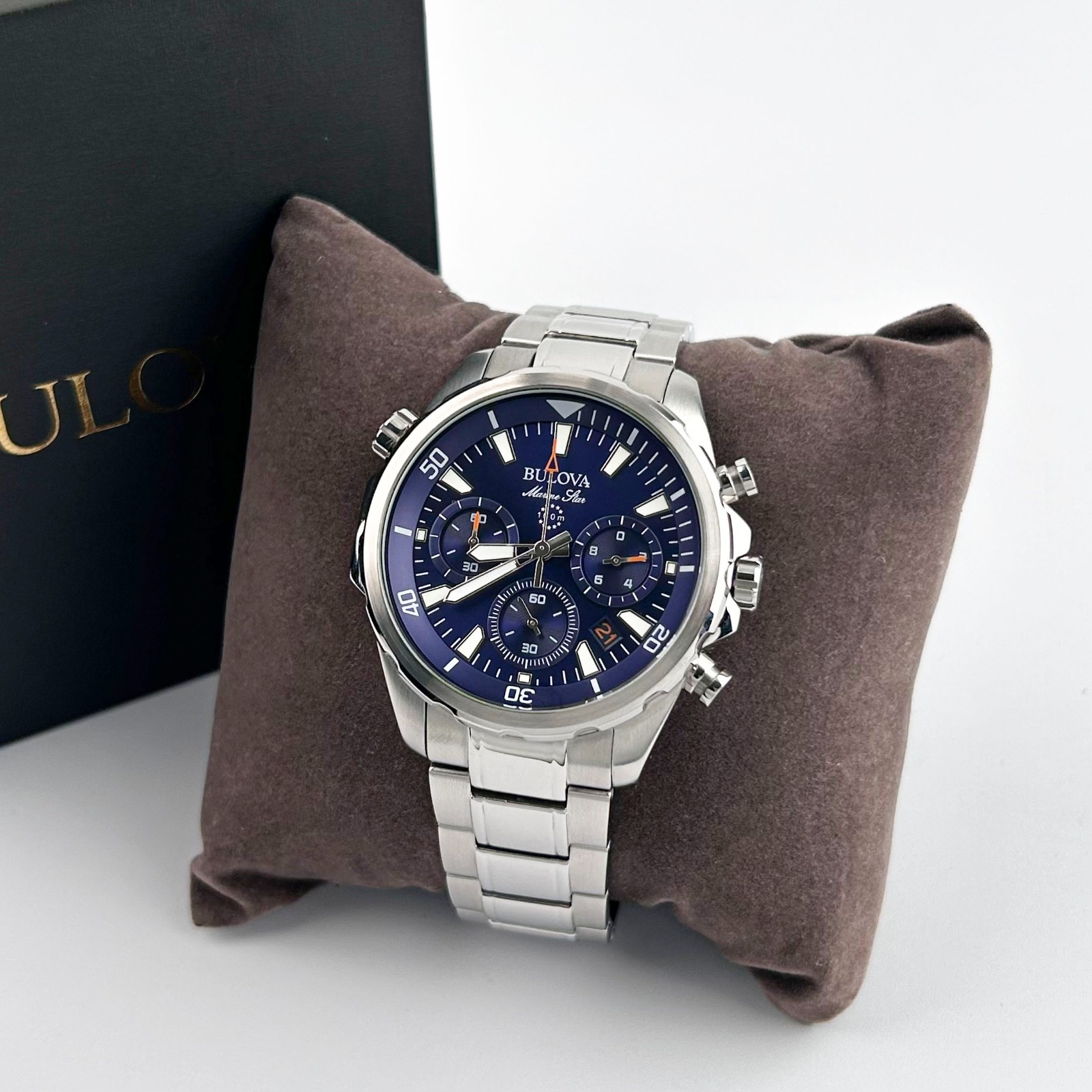 Bulova Men’s Marine Star 96B256 Blue Dial 6-Hand Chronograph Quartz Watch 43mm