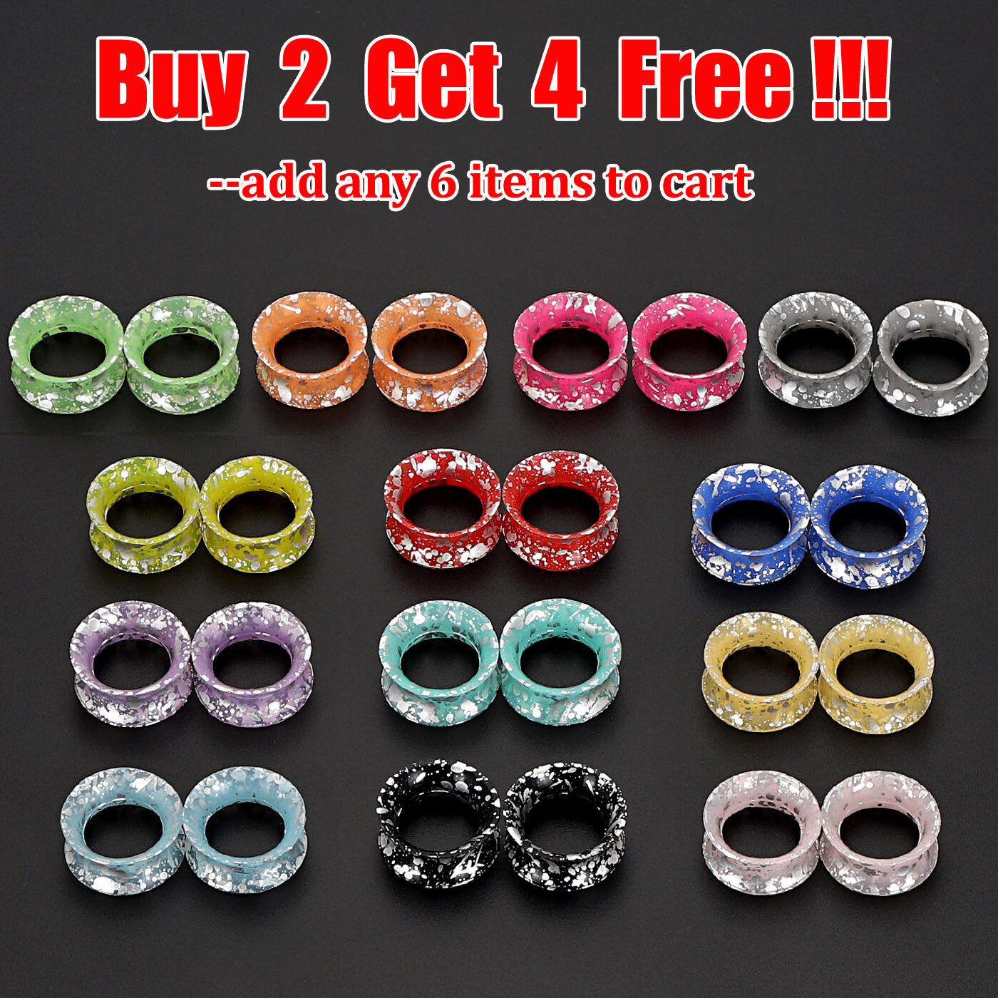 PAIR-ULTRA THIN EAR SKINS TUNNELS-Silver Spots Silicone Ear Gauge-Soft Ear plugs
