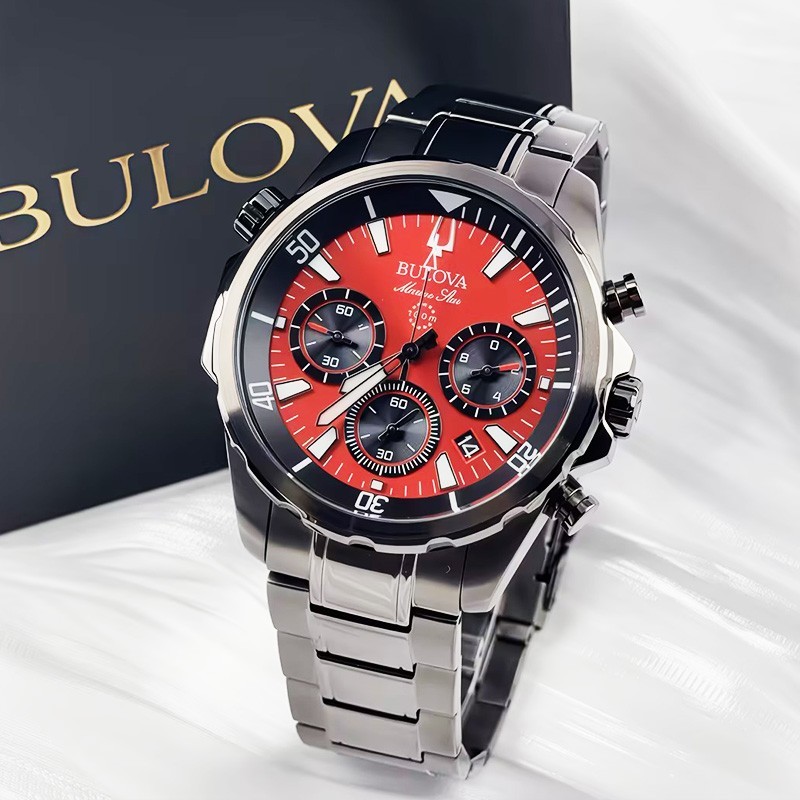 Bulova Marine Star 98B350 Men’s Chronograph Quartz Watch Red Dial Stainless 43mm