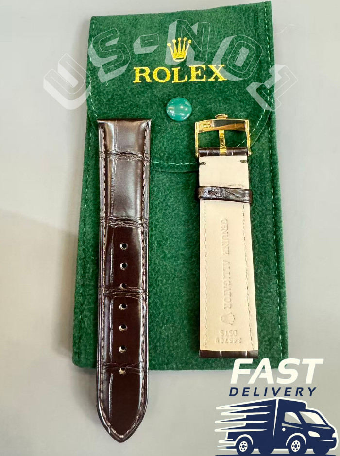 ROLEX Crocodile Brown Leather Band 20/18mm With Rolex Buckle NOS Gold Plated VIP