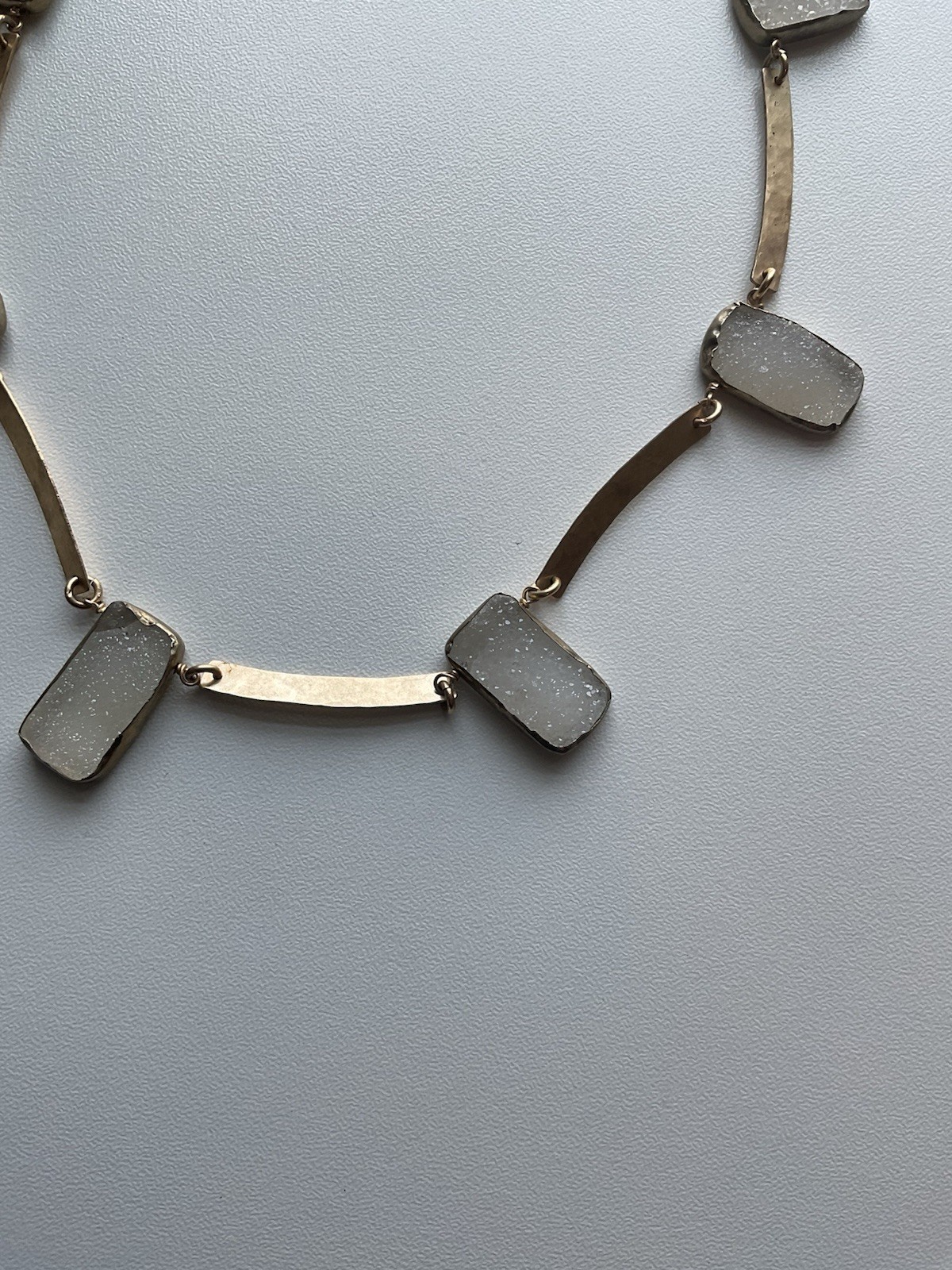 Gold Tone Bar Link Chain Necklace w/ 8 Gray Rectangle Stones, Adjustable