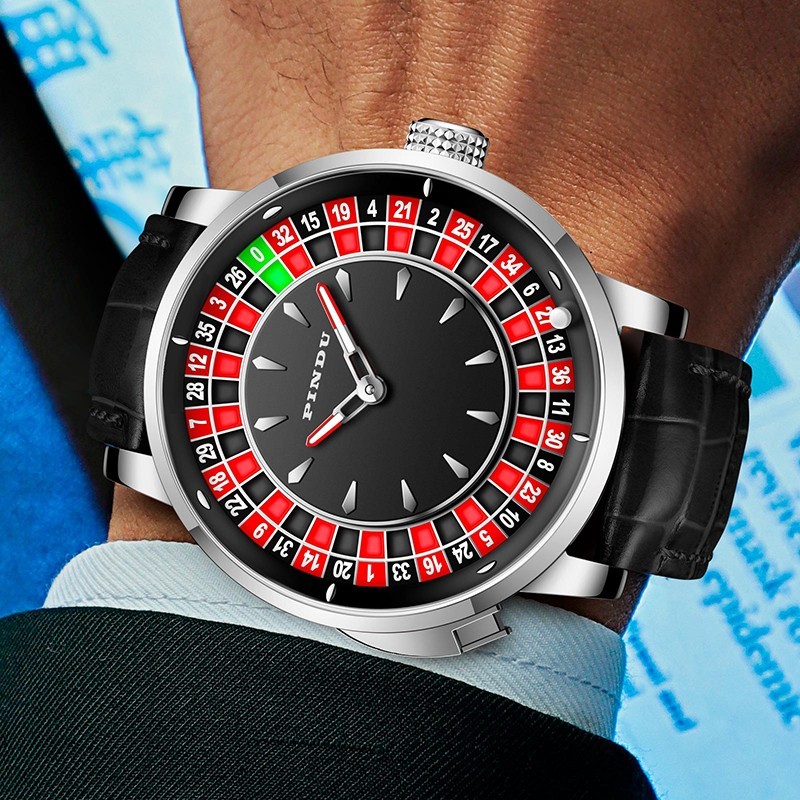 2025 PINDU Men’s mechanical watch silver shell black belt gambling button luxury