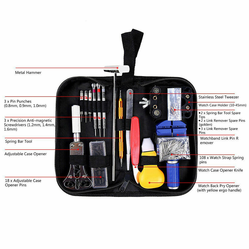 147PC Watch Battery Change Repair Tool Band Pin Remover Back Case Opener 55mm Ki