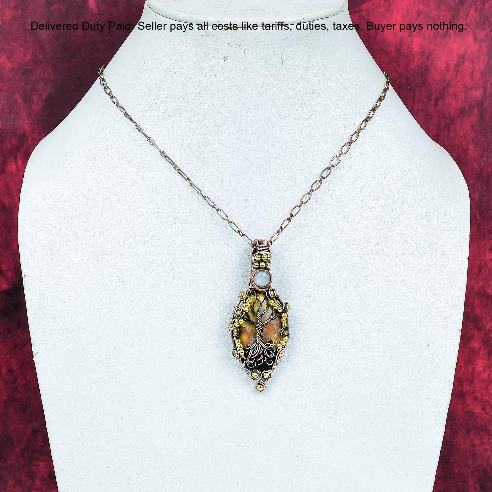 Tree Of Life Maligano Jasper Pendant Copper Wire Wrap Rainbow Moonstone Jewelry