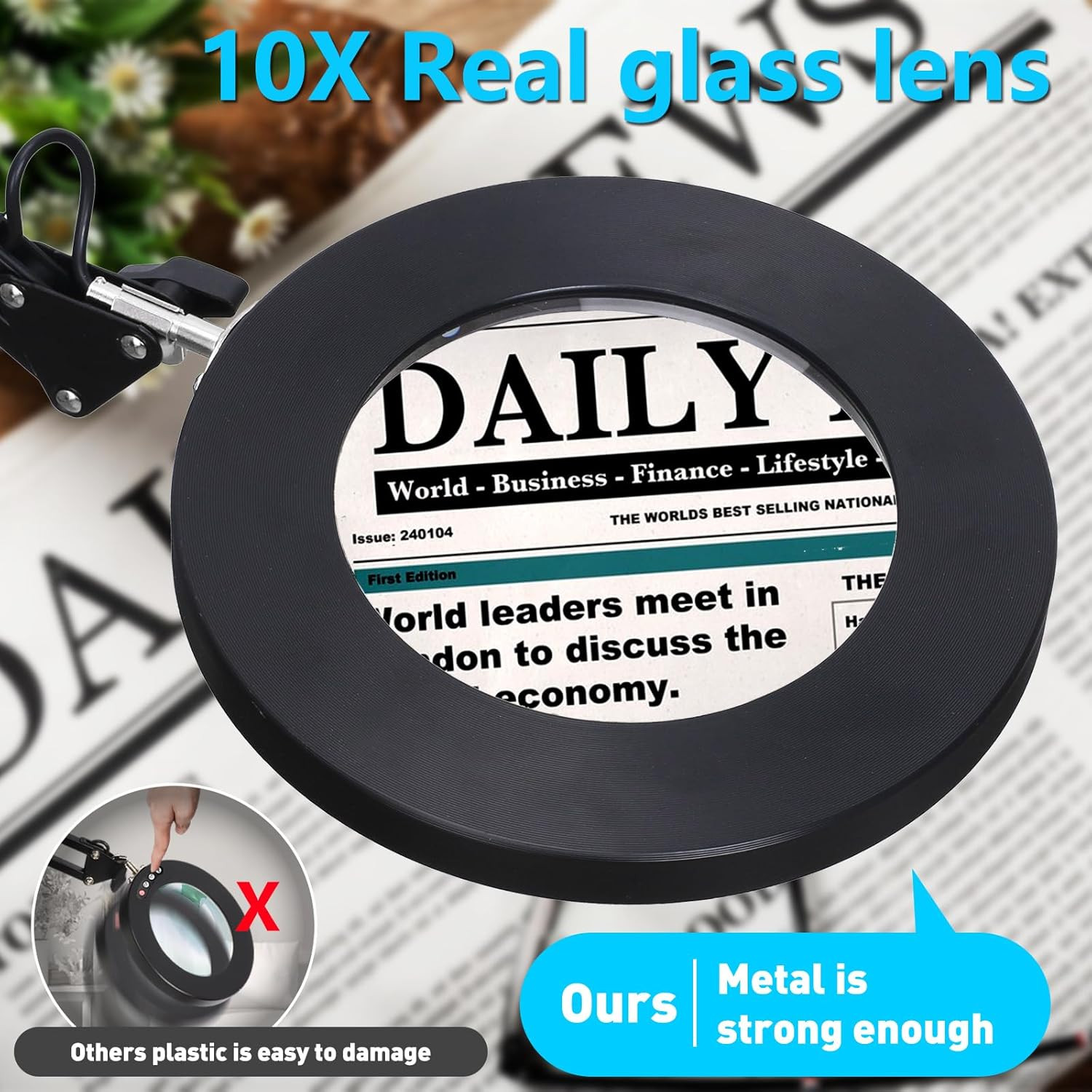 10X Magnifying Glass with Light and Stand, 2-In-1 Stepless Dimmable LED Desk Lam