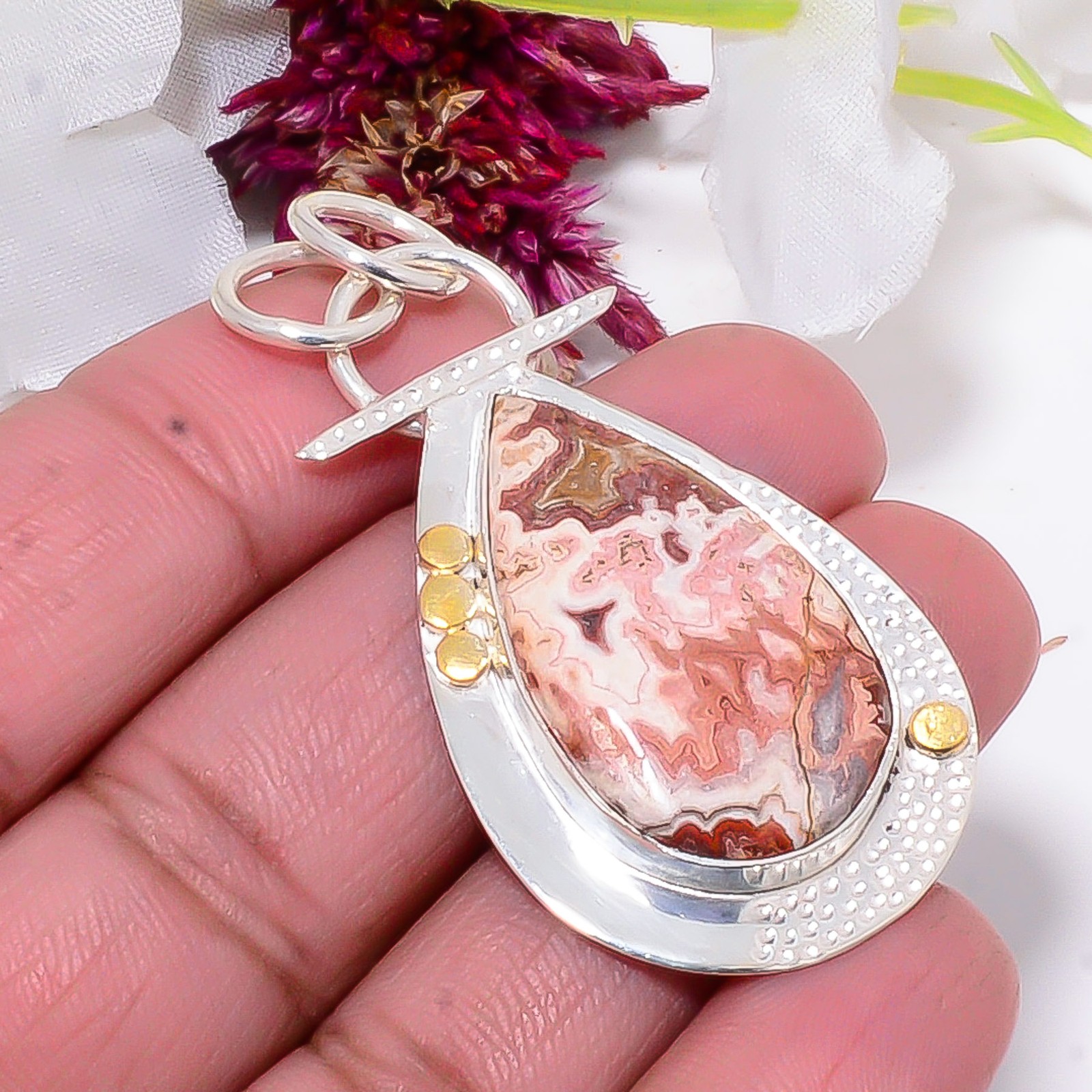 Rosetta Jasper – United State 925 Sterling Silver Two Tone Pendant 1.95″ sku23