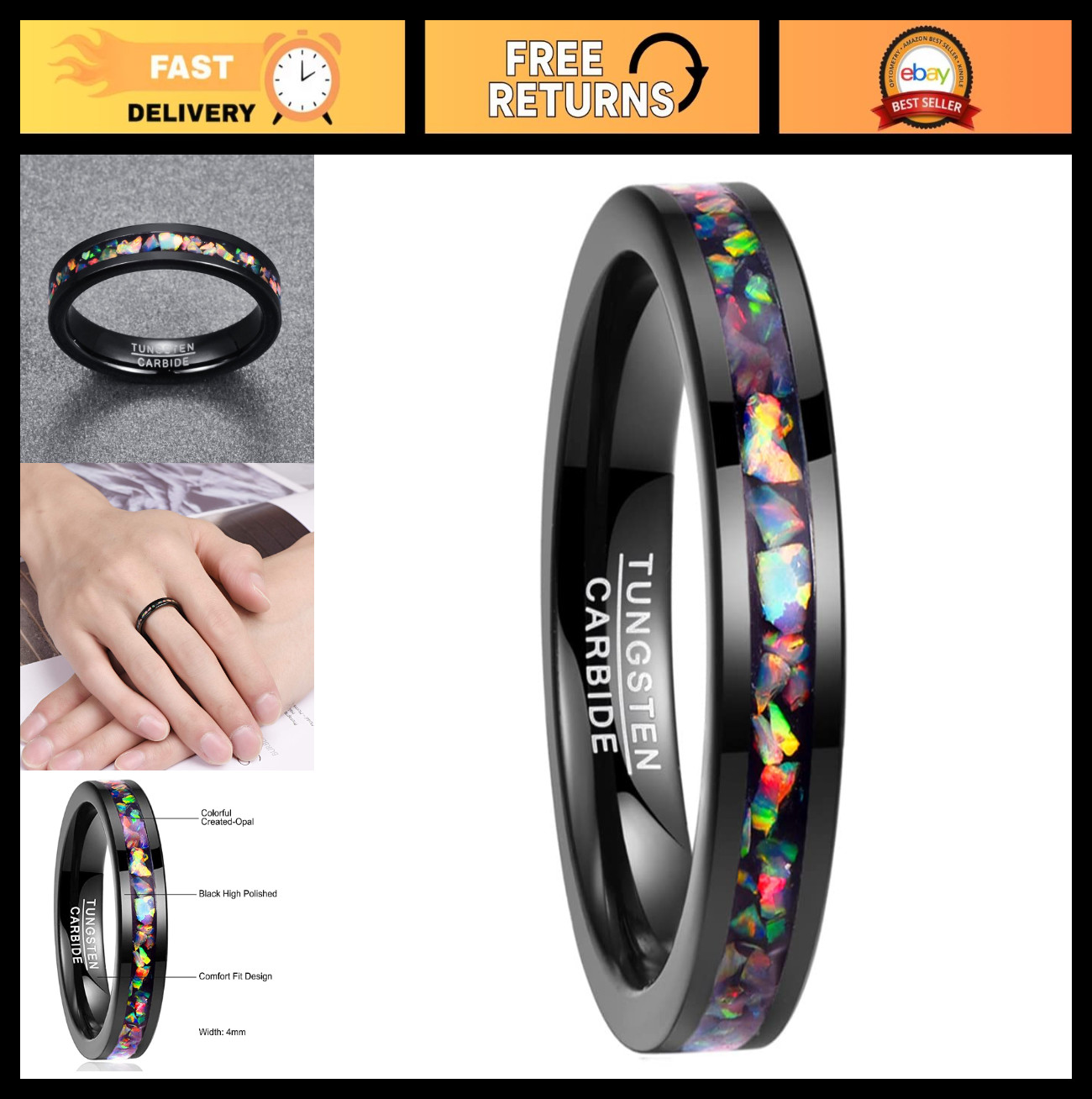 Black Tungsten Wedding Engagement Band for Men, 4mm & 8mm, Crushed Opal Inlay, C