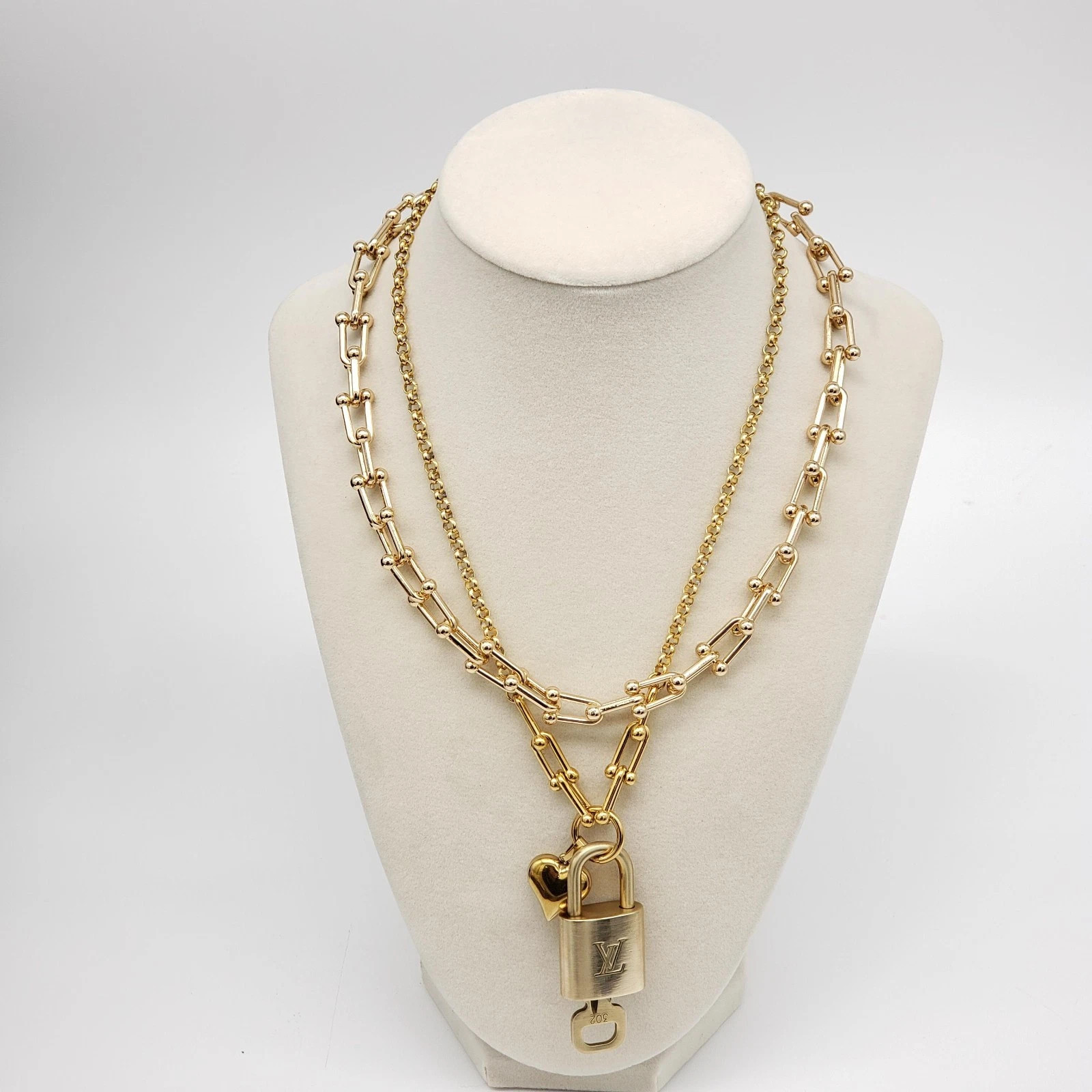 2 Stainless Gold Plated Necklace With Authentic Louis Vuitton Gold Lock Pendant