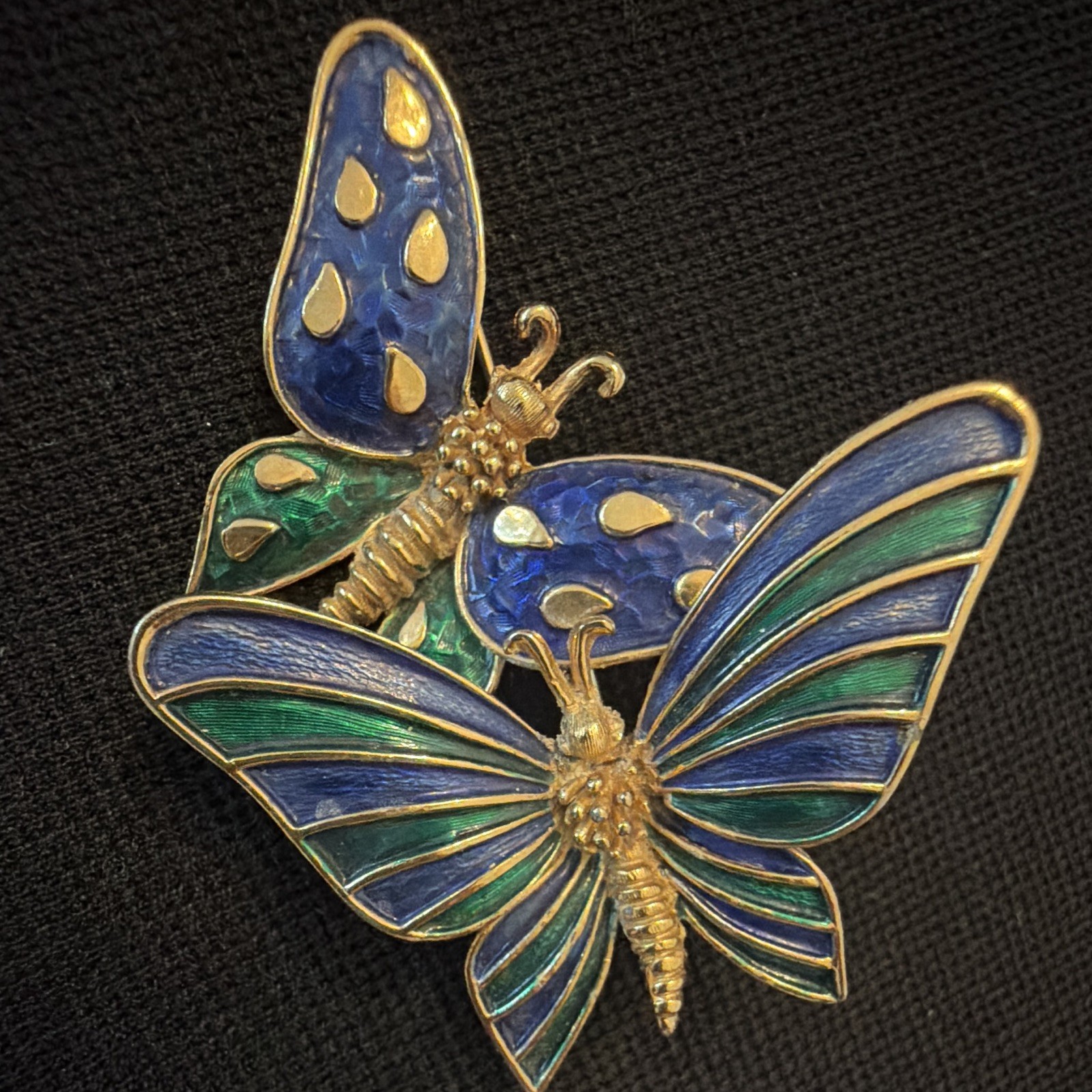 Enamel Butterfly Brooch Pin Blue Green Gold Tone Signed Animals & Insects