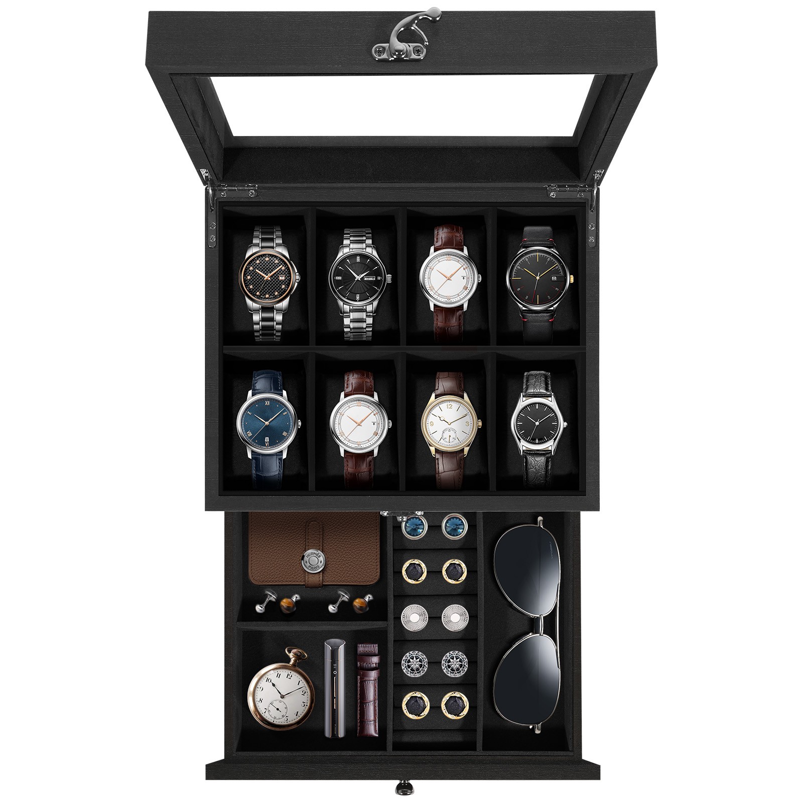 6-8-10-12 Slot Watch Box Solid Wood Watch Display Case with Glass Lid Jewelry
