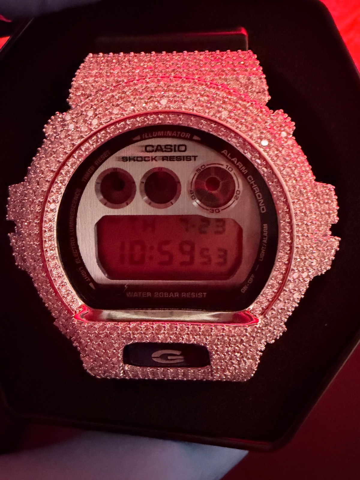 G Shock DW 6900 watch with Moissanite Bezel