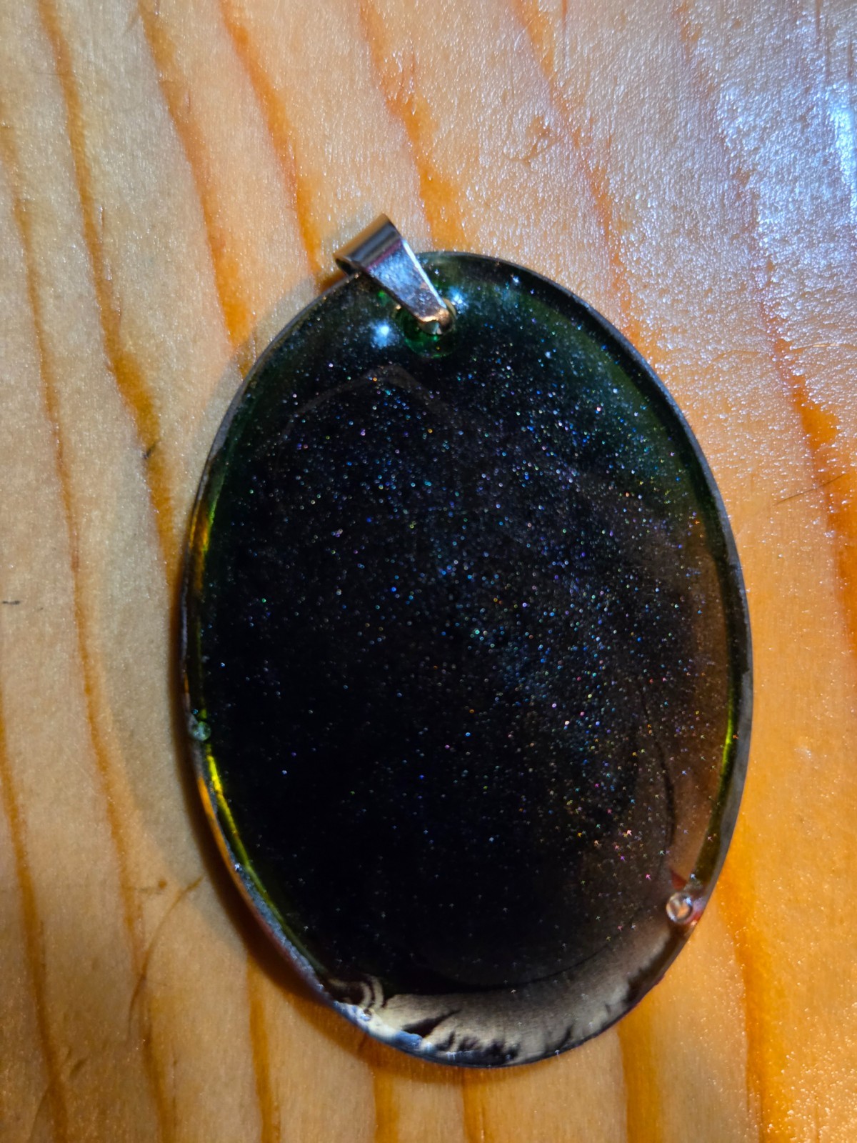 OOAK Handmade Resin Oval Pendant Green Black Multicolor Swirl Glitter N096