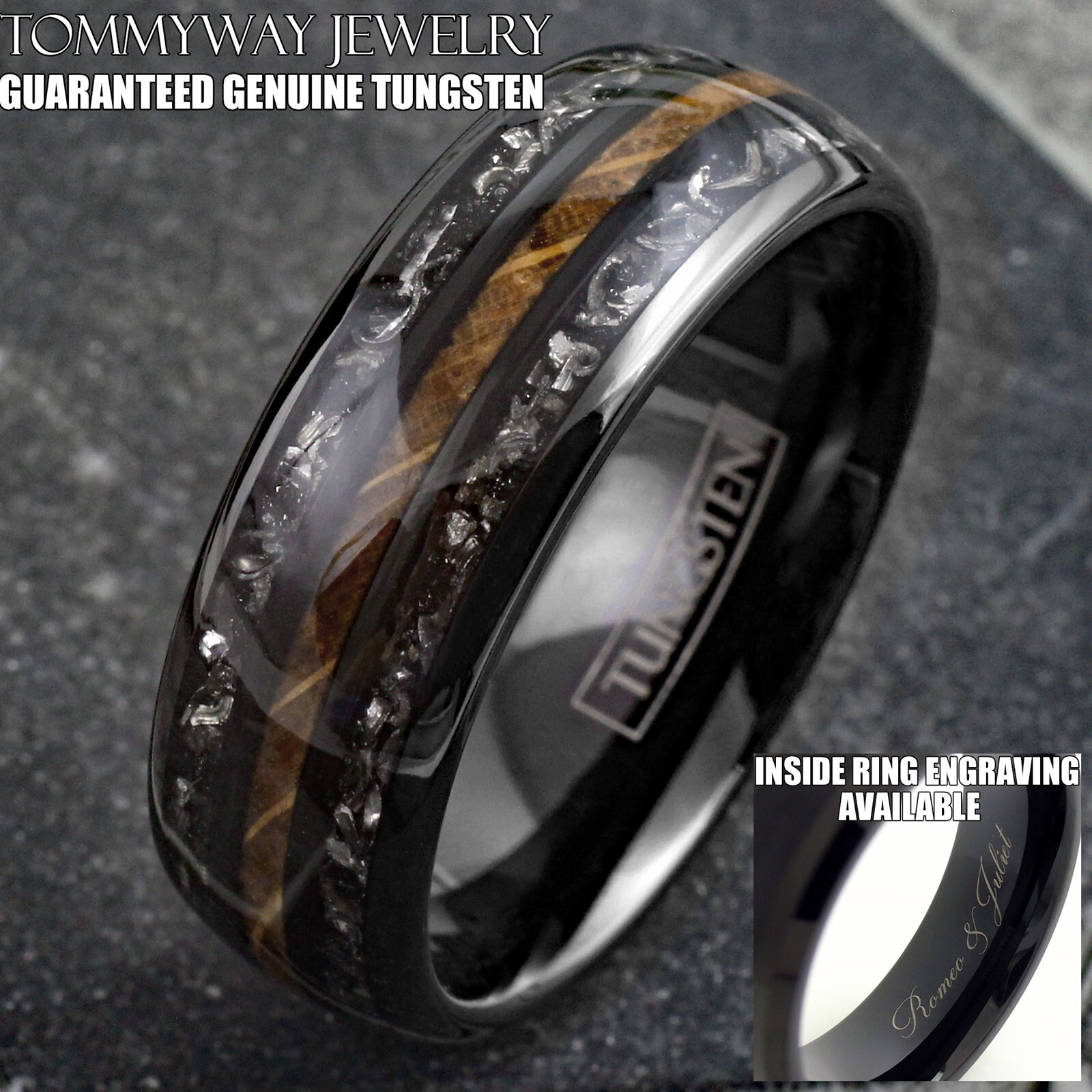 Personalized Black Tungsten Carbide Ring Whiskey Barrel Meteorite Wedding Band
