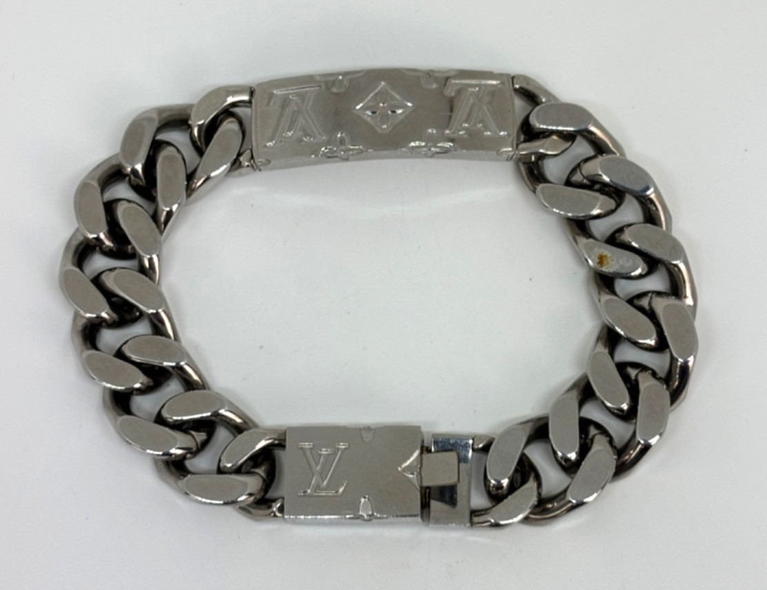 Authentic LOUIS VUITTON Silver Tone MONOGRAM CHAIN BRACELET M62486 w/ LV Box