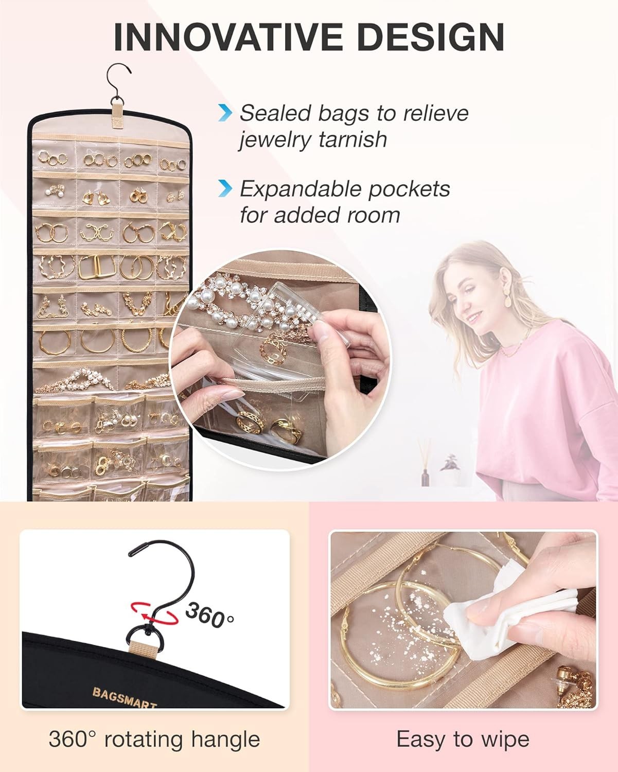 Hanging Jewelry Organizer with 32 Transparent Pockets and 20 Anti-tarnish Bags