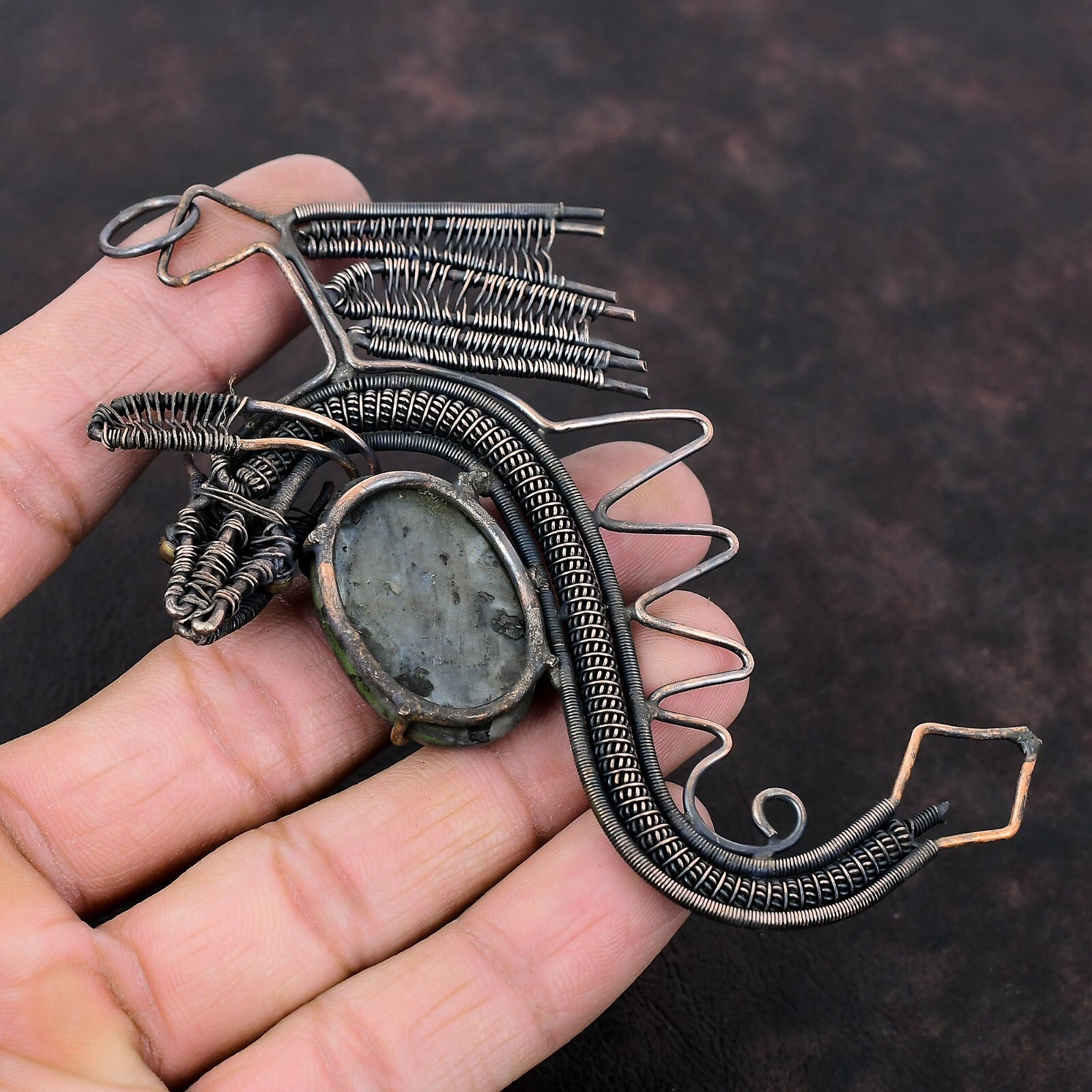 Larvikite Gemstone Jewelry Copper Wire Wrapped Dragon Pendant For Girls 4.49″