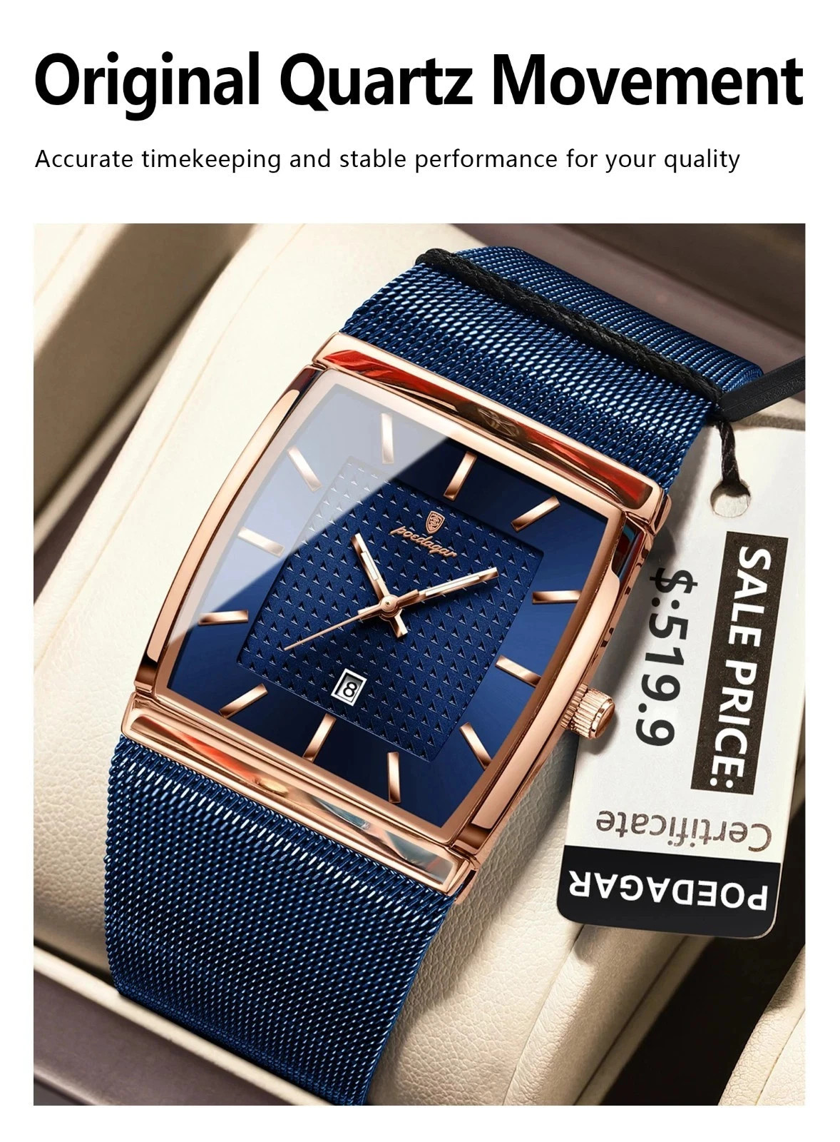 Luxury Men’s Watch Rectangle Steel Mesh Waterproof Luminous Date Quartz