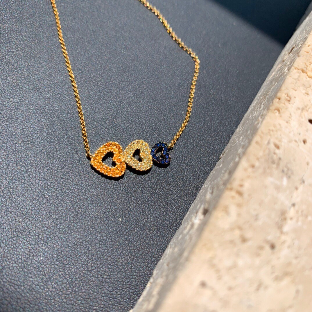 APM Monaco FUN CRAZY LOVE Sterling Silver Triple Heart CZ Necklace Gold