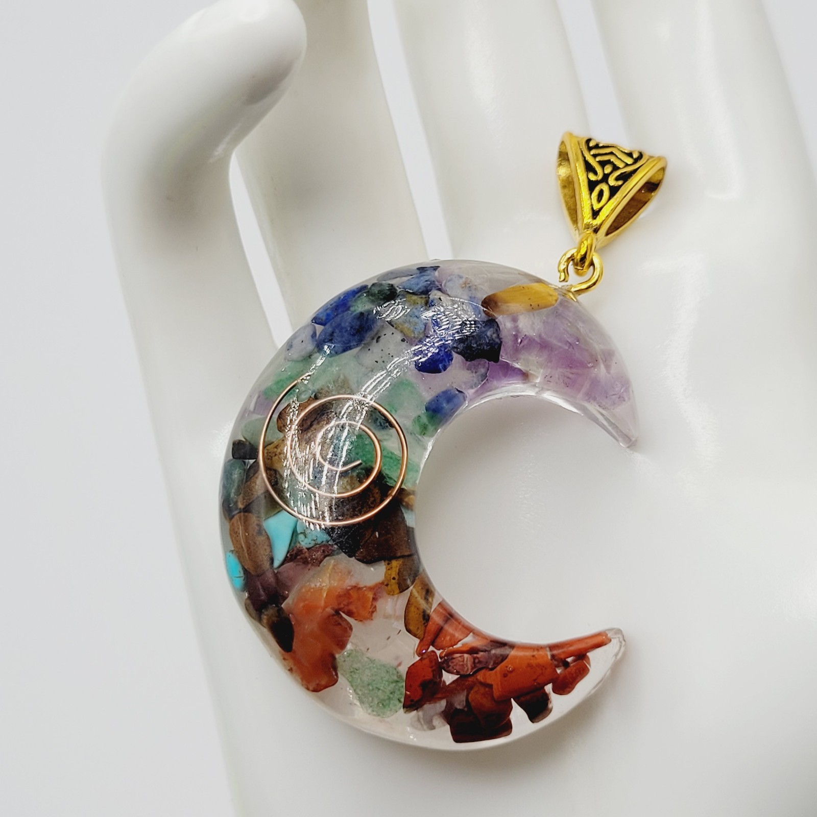 Crescent Moon Shape Orgone Chakra Crystal Chip Pendant Ornate Bail No Chain