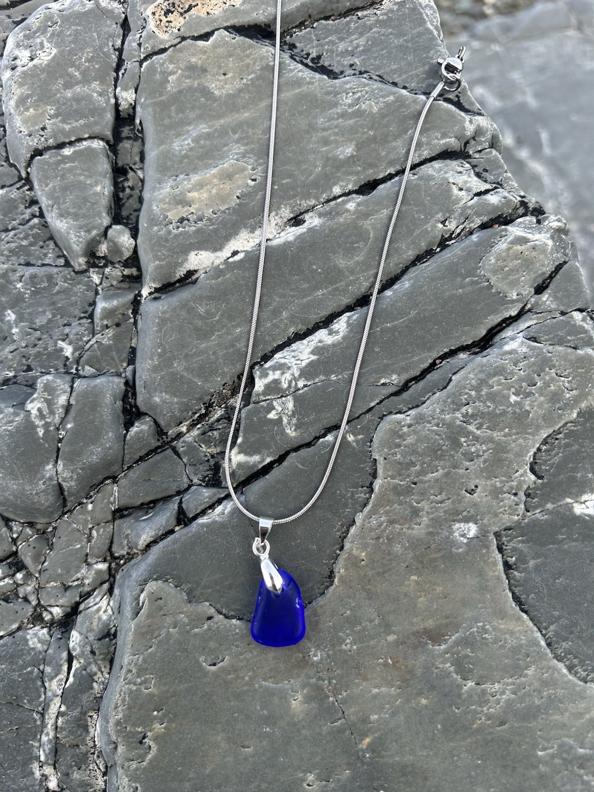 Genuine Cobalt Blue Sea Glass Necklace Stainless Steel Chain Rare 18 Inch