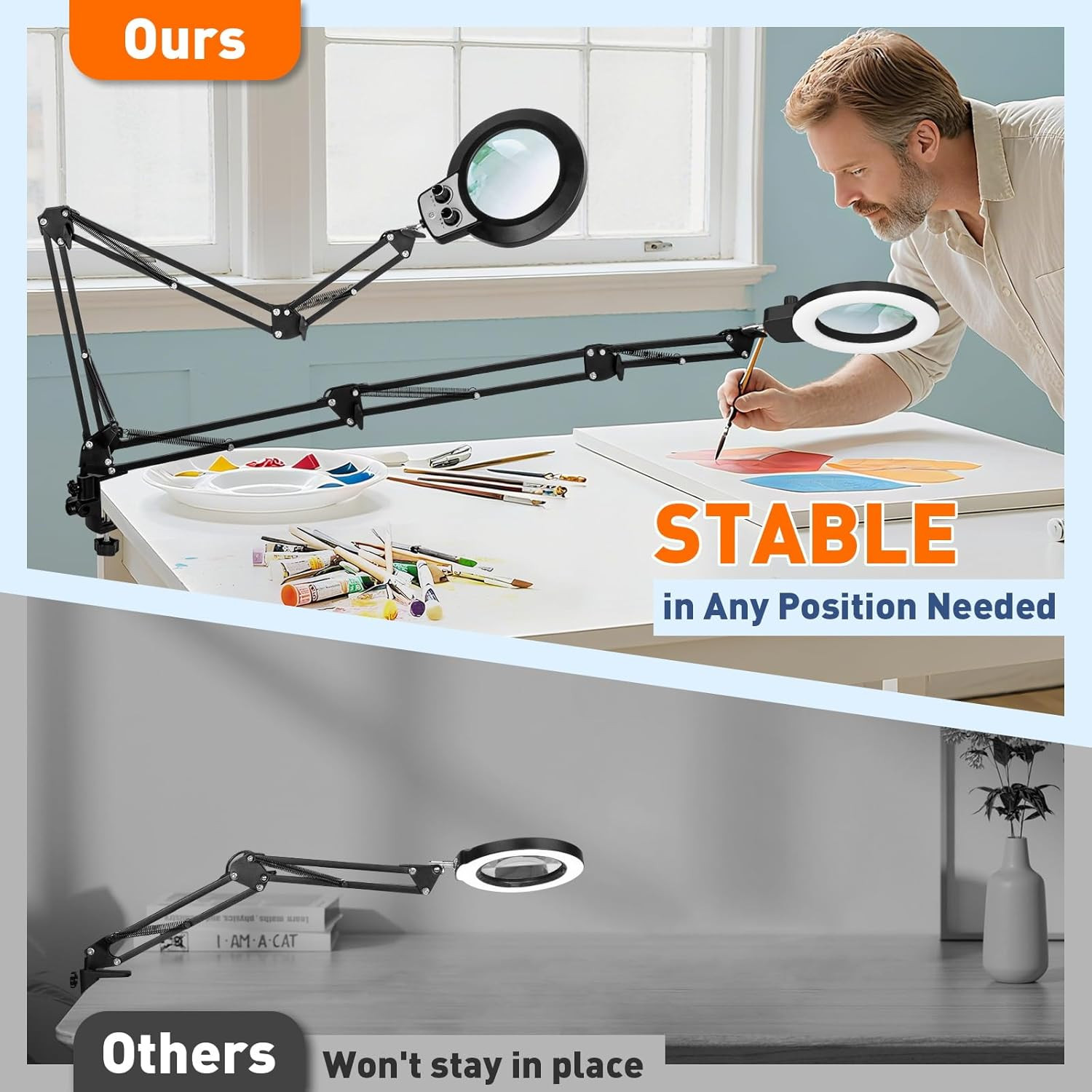 12X Magnifying Glass with Light and Stand, Extra-Long Arm Magnifying Lamp Overhe