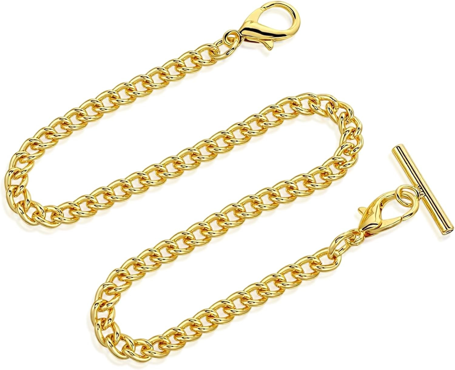 Gold Pocket Watch Chain with T-Bar, 14 Inch Pocket Watch Chains for Men, Antique