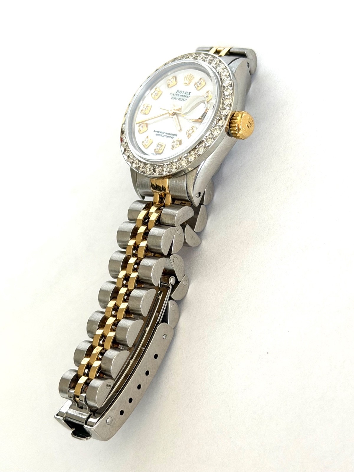 ROLEX LADIES WATCH DATEJUST TWO TONE 18K. GOLD MOP DIAMOND DIAL & DIAMOND BEZEL