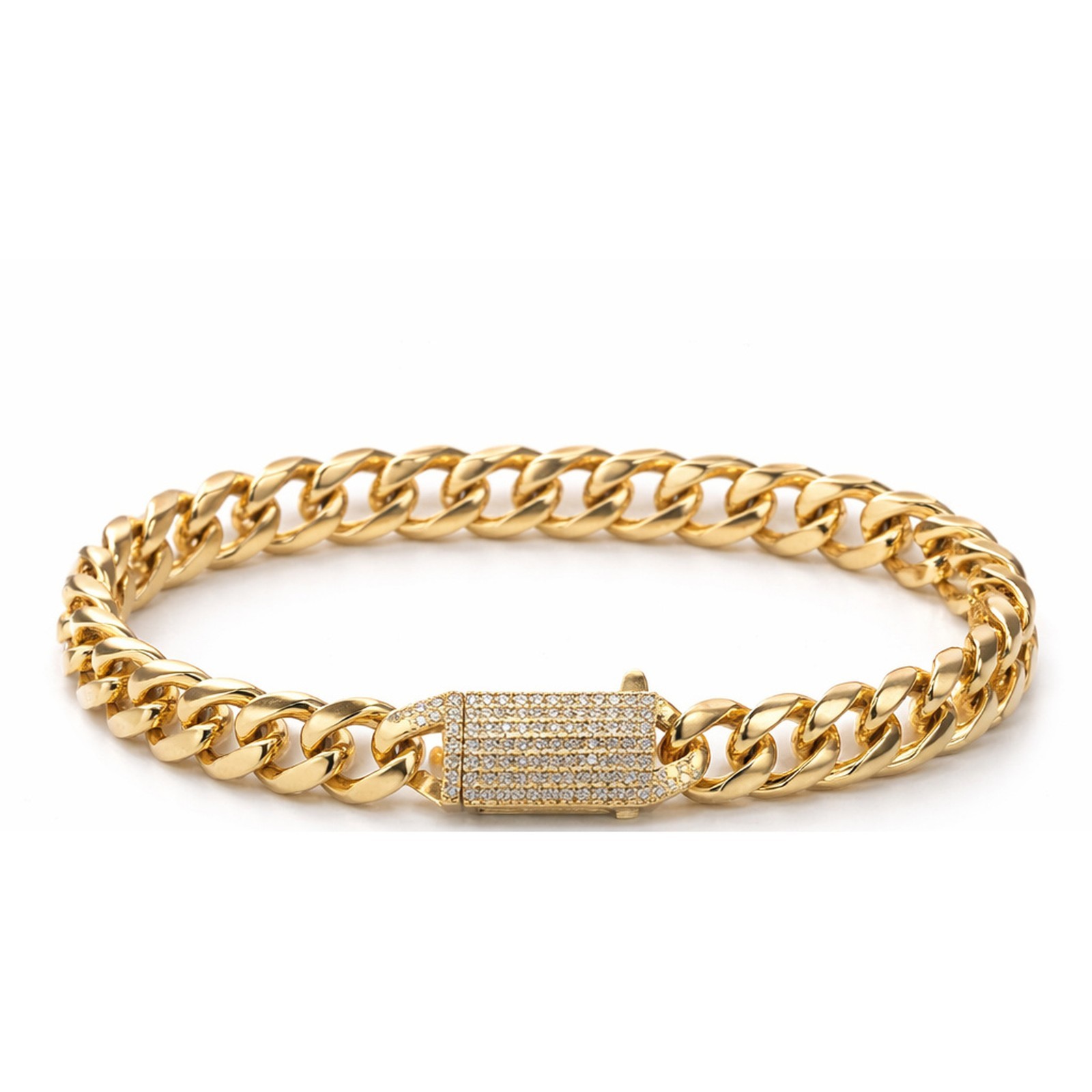 Italian 1/200 14k Yellow Gold Overlay Miami Cuban Bracelet Iced CZ Lock 8mm 8 in