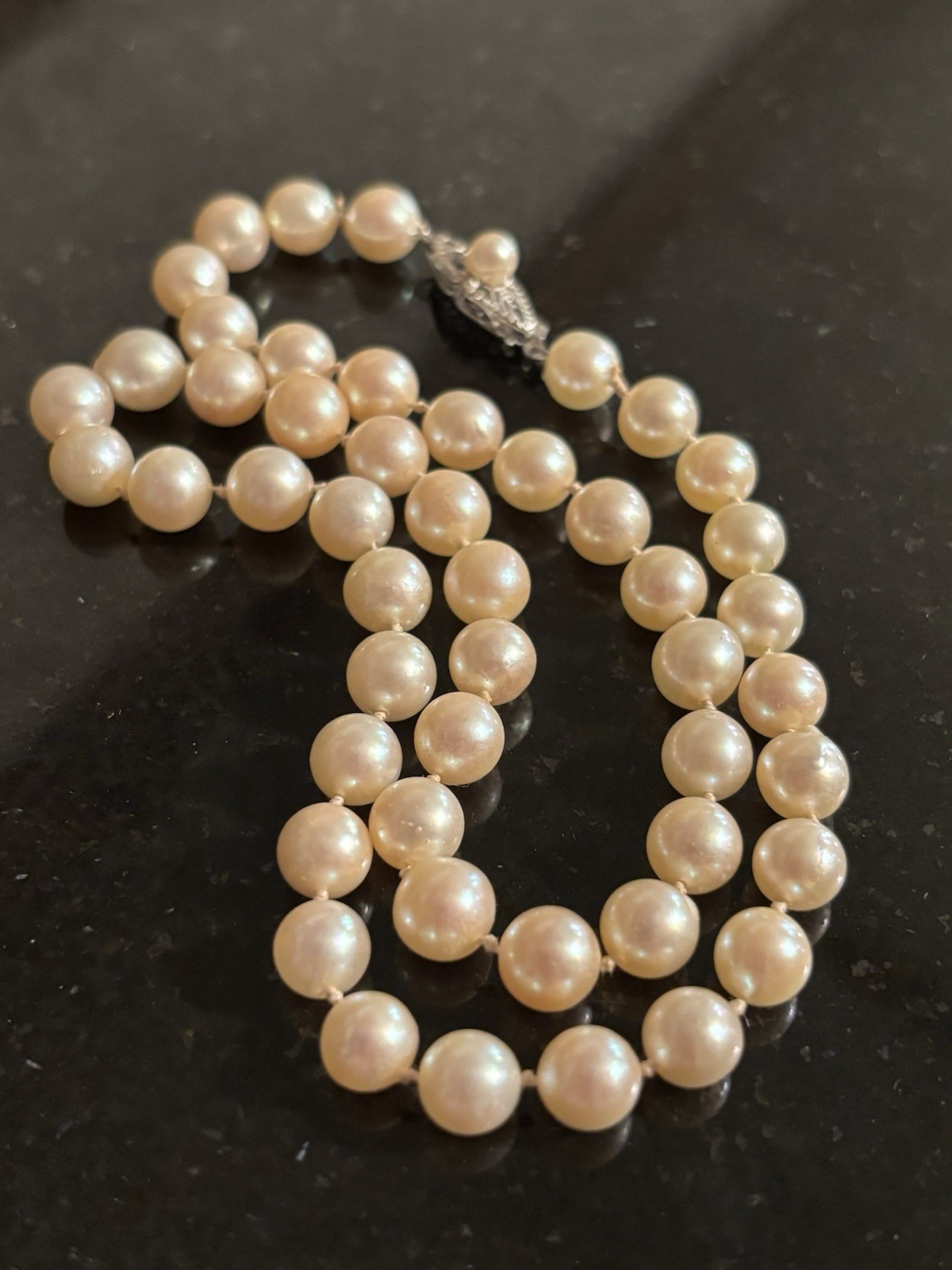 Vintage String of Cultured Pearls Necklace w/ 10k White Gold Filigree Clasp 16in