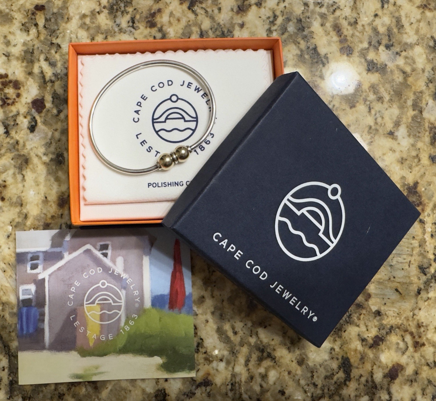 Cape Cod Jewelry Signed Silver/Gold Tone Bangle Bracelet Ball Ends Box Cloth