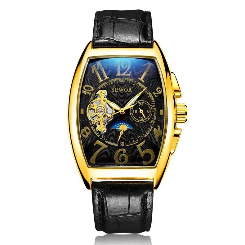 SEWOR Skeleton Watch Mechanical Automatic Self-Wind Leather Bracelet Moon Phase