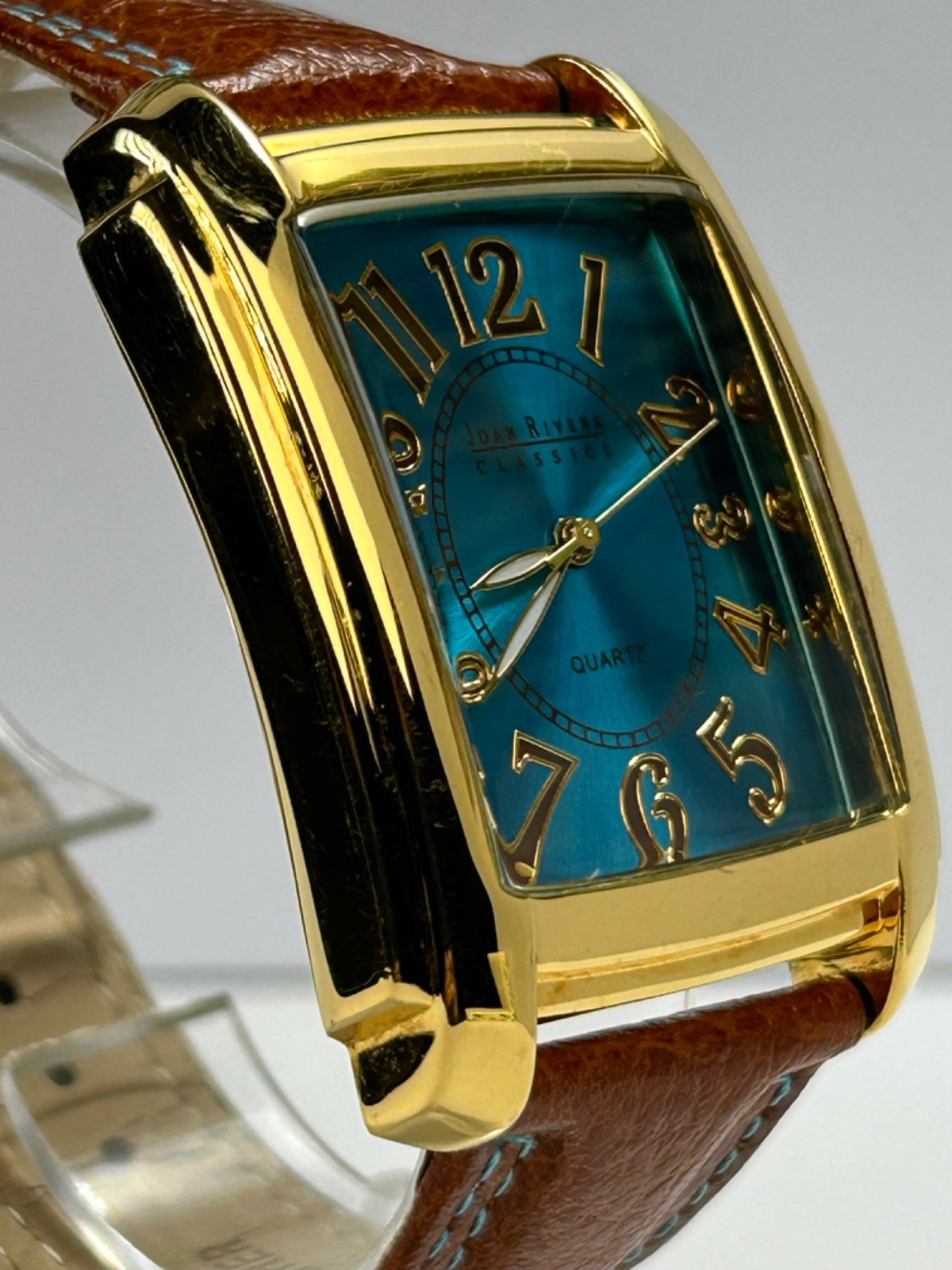 Vintage Joan Rivers Classics V377 Womens 34MM Tank Quartz Gold Tone W/Blue Dial