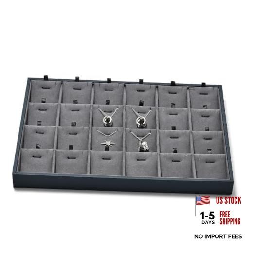 Grey Microfiber Jewelry Display Tray 24 Grids Pendant 24 Grid with Insert