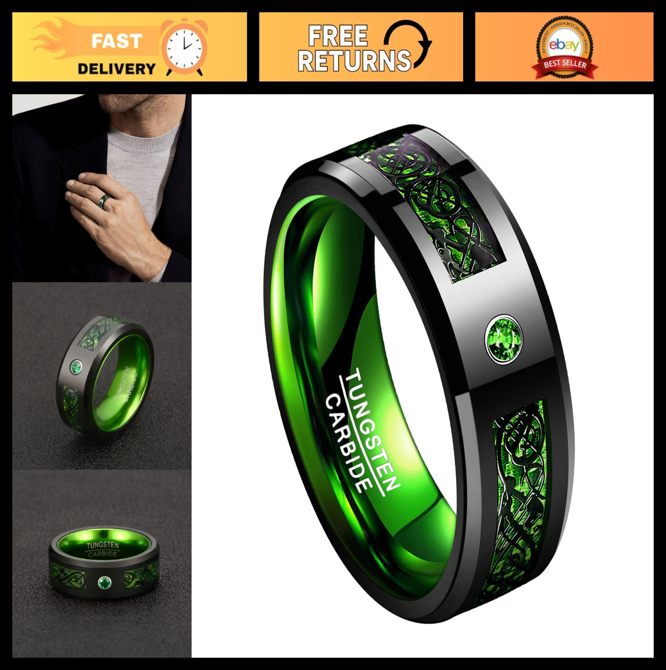 8mm Black Celtic Dragon Tungsten Carbide Wedding Band, Green/Blue/Purple Carbon