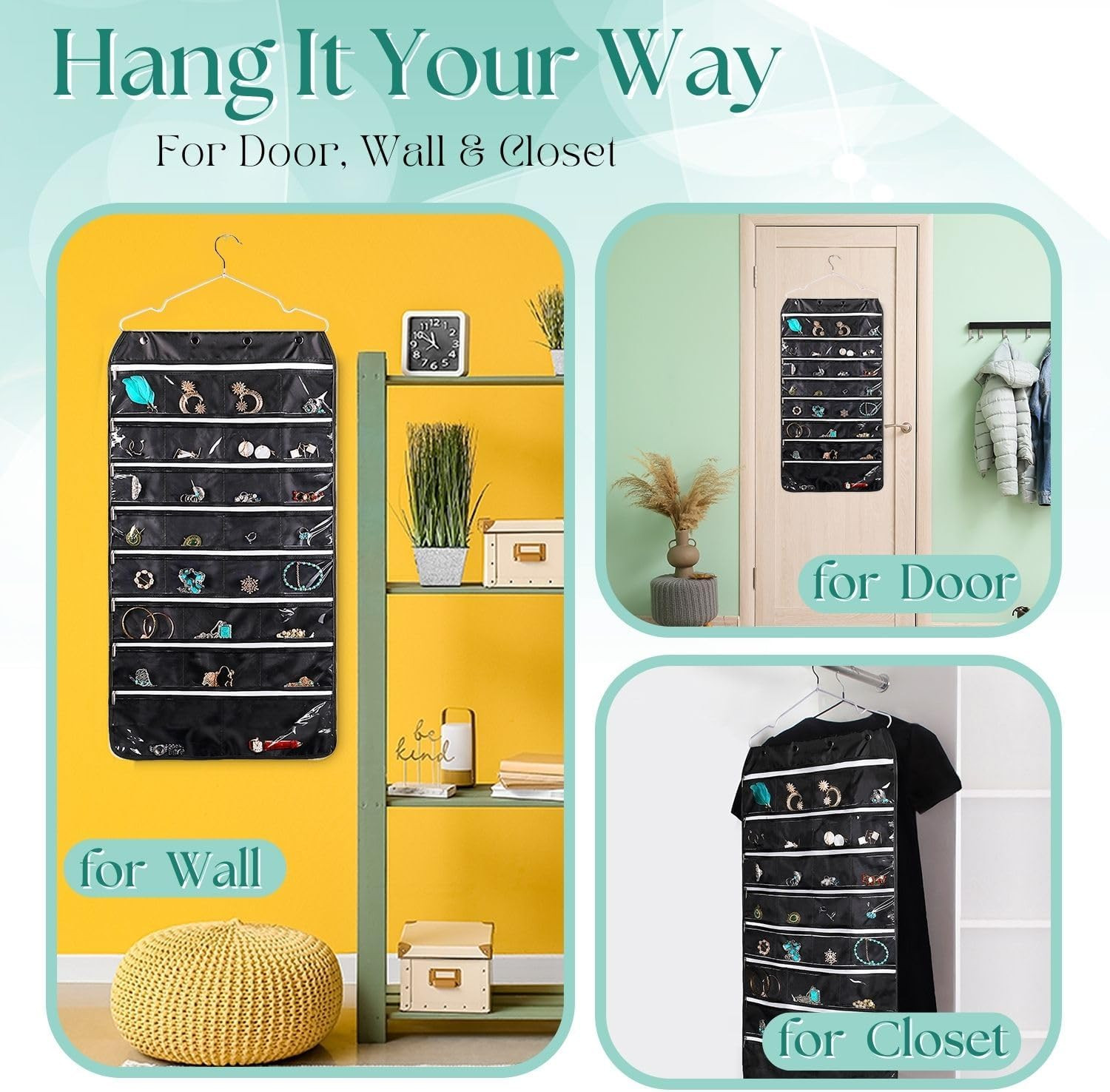 Hanging Jewelry Organizer with Zippered Pockets – (1 Pack) Black Closet Jewelry