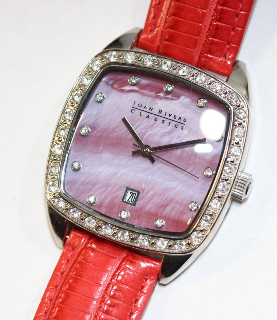 Joan Rivers Classics Watch Womens RED Leather Silver Tone Crystals V377 New Bat
