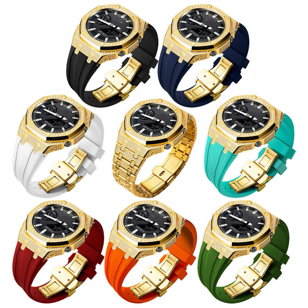 Bling Diamond Stainless Steel Case + Rubber Strap AP MOD KIT for G-SHOCK GA-2100