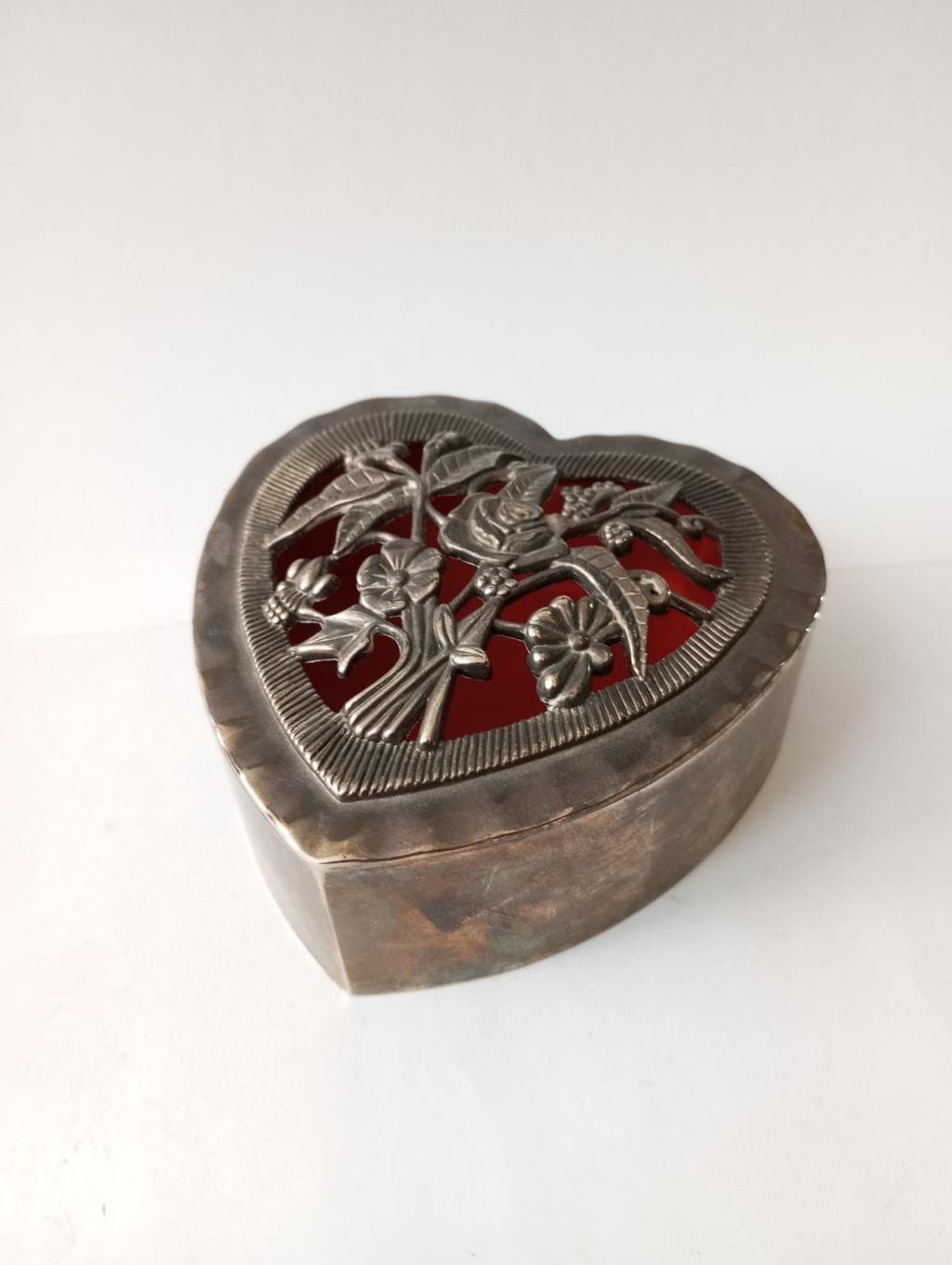 Vintage Heart-Shaped Silver-Plated Jewelry Box with Floral Pierced Lid & Red Int