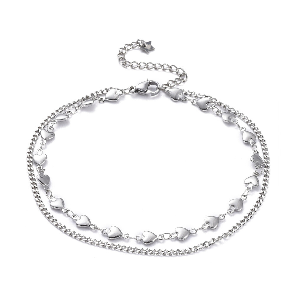 304 Stainless Steel Multi-Strand Anklet Bracelet Lobster Heart Silver 9.2″ Z9