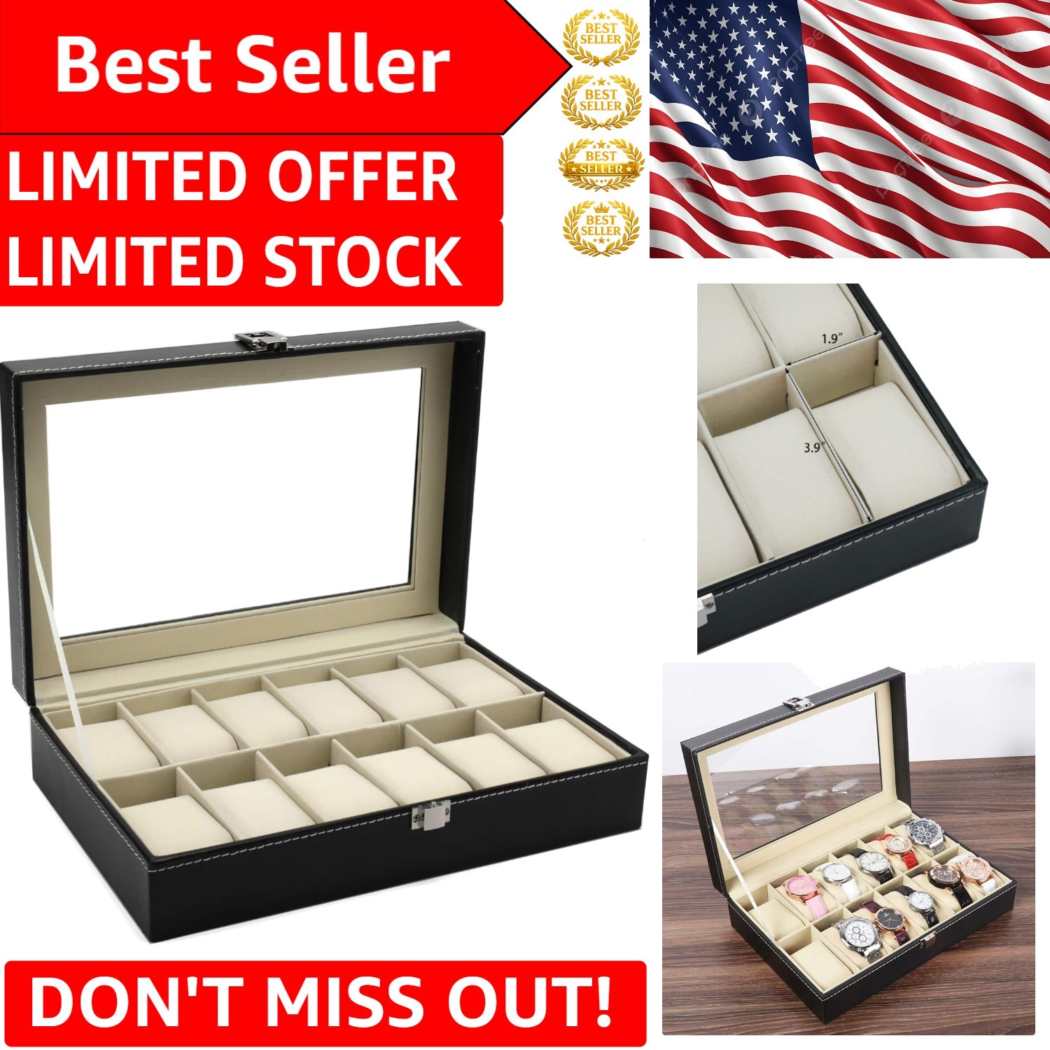Multi-Functional Leather Watch Box with Framed Glass Top – For Watches & Jewelry