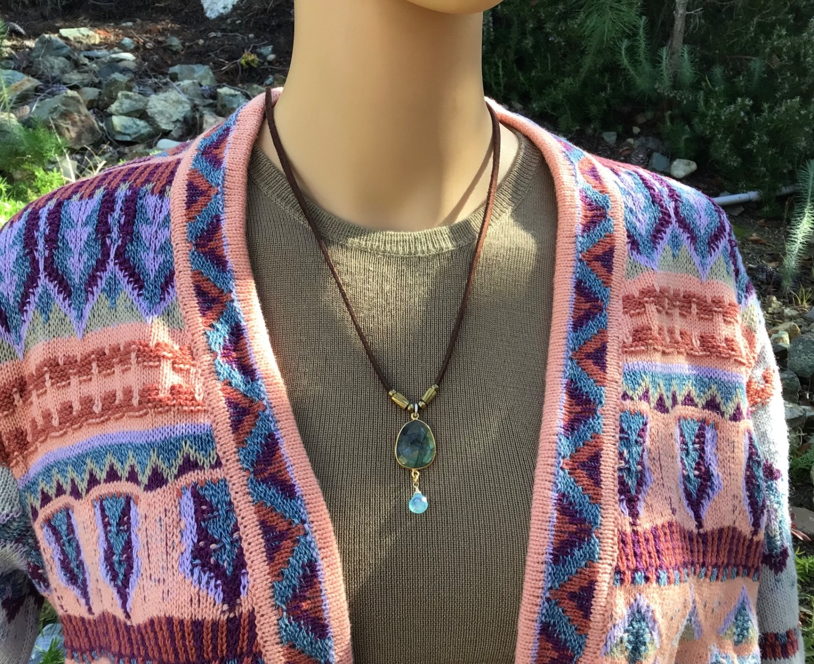 $270 Labradorite Aquamarine Sundance Charm Necklace leather suede cord jewelry