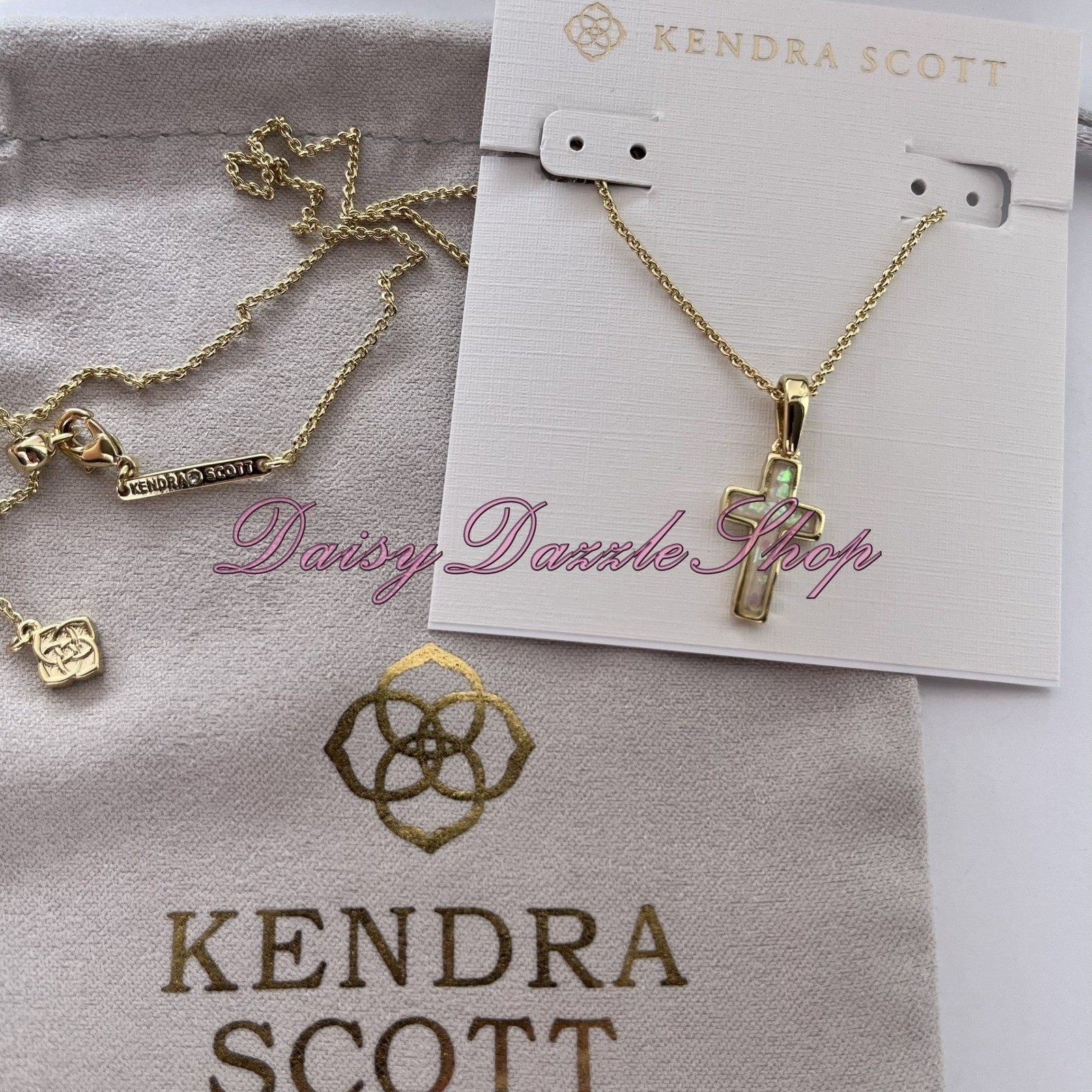 ✨Kendra Scott Cross Gold Pendant Necklace in White Kyocera Opal New ✨🕊️