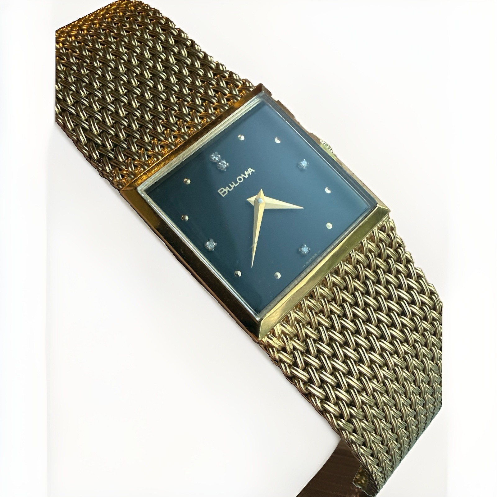 Vintage Bulova Black Stone & Diamond Dial Mens Wristwatch Swiss Mint RARE
