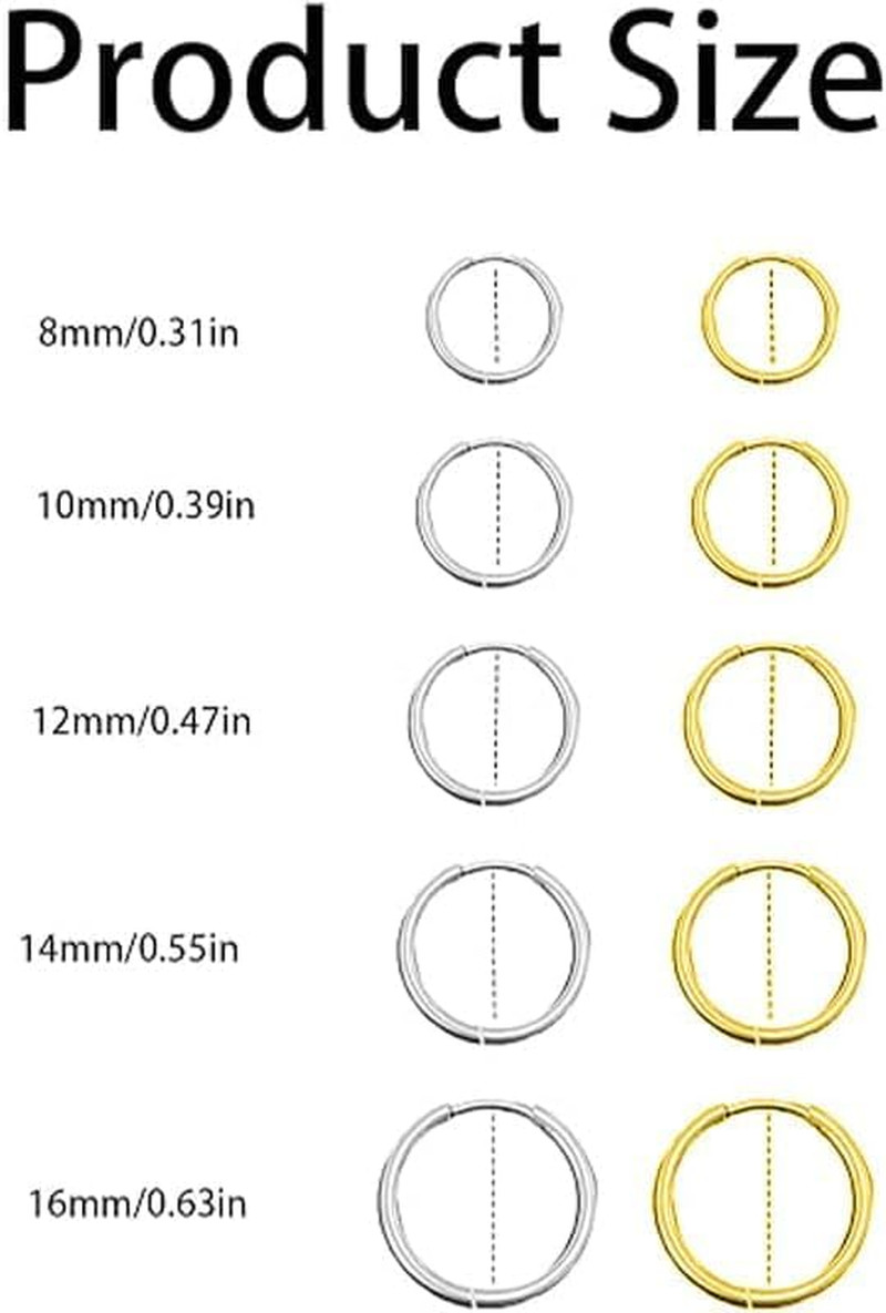 10Pairs Titanium Earrings Stainless Steel Hoop Earrings Set, 8mm to 16mm Small H