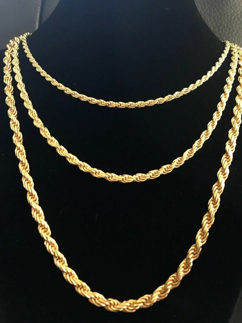 Mens 14K Gold Plated Real Solid 925 Silver Rope Chain MADE IN ITALY 20-30″ 3-5mm